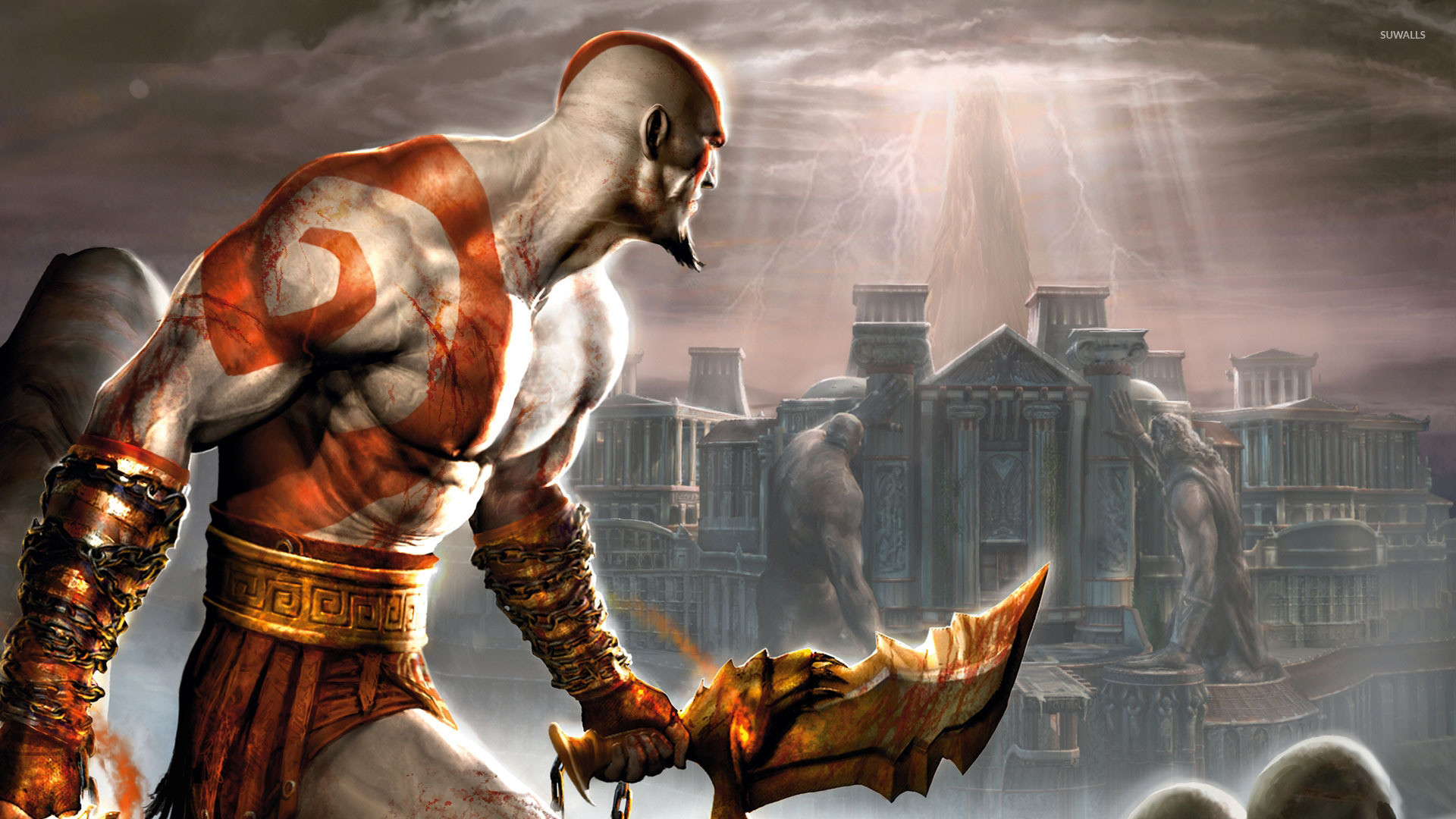 Kratos, God of War, Lame del Caos, Tempio, Full HD, wallpaper per portatile