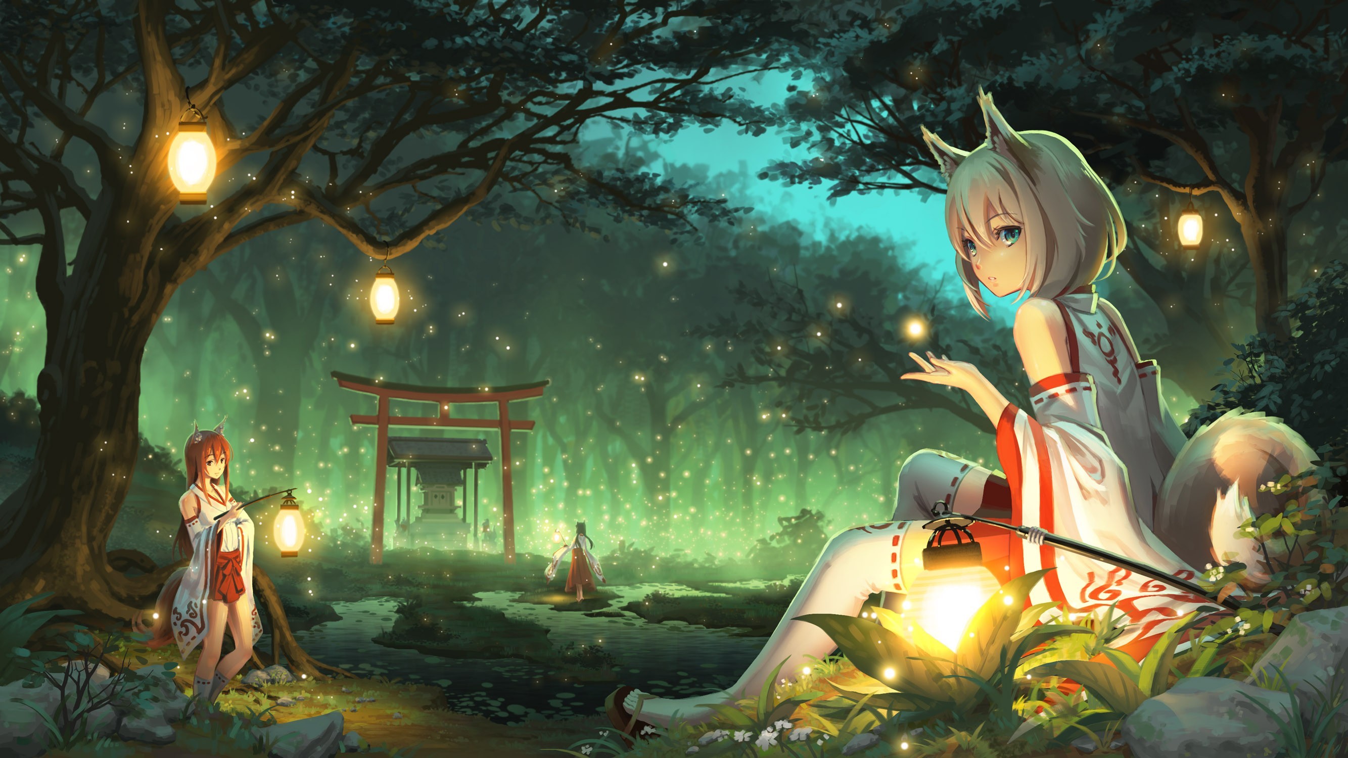 Ragazza anime, Orecchie da volpe, Torii, Lanterne, Foresta, 16:9 2K, sfondo widescreen