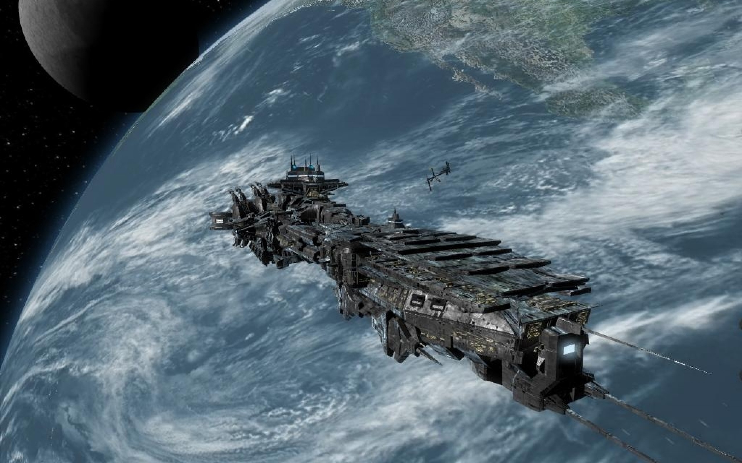 Nave da guerra spaziale, Pianeta, Orbita, 2K, sfondo per portatile