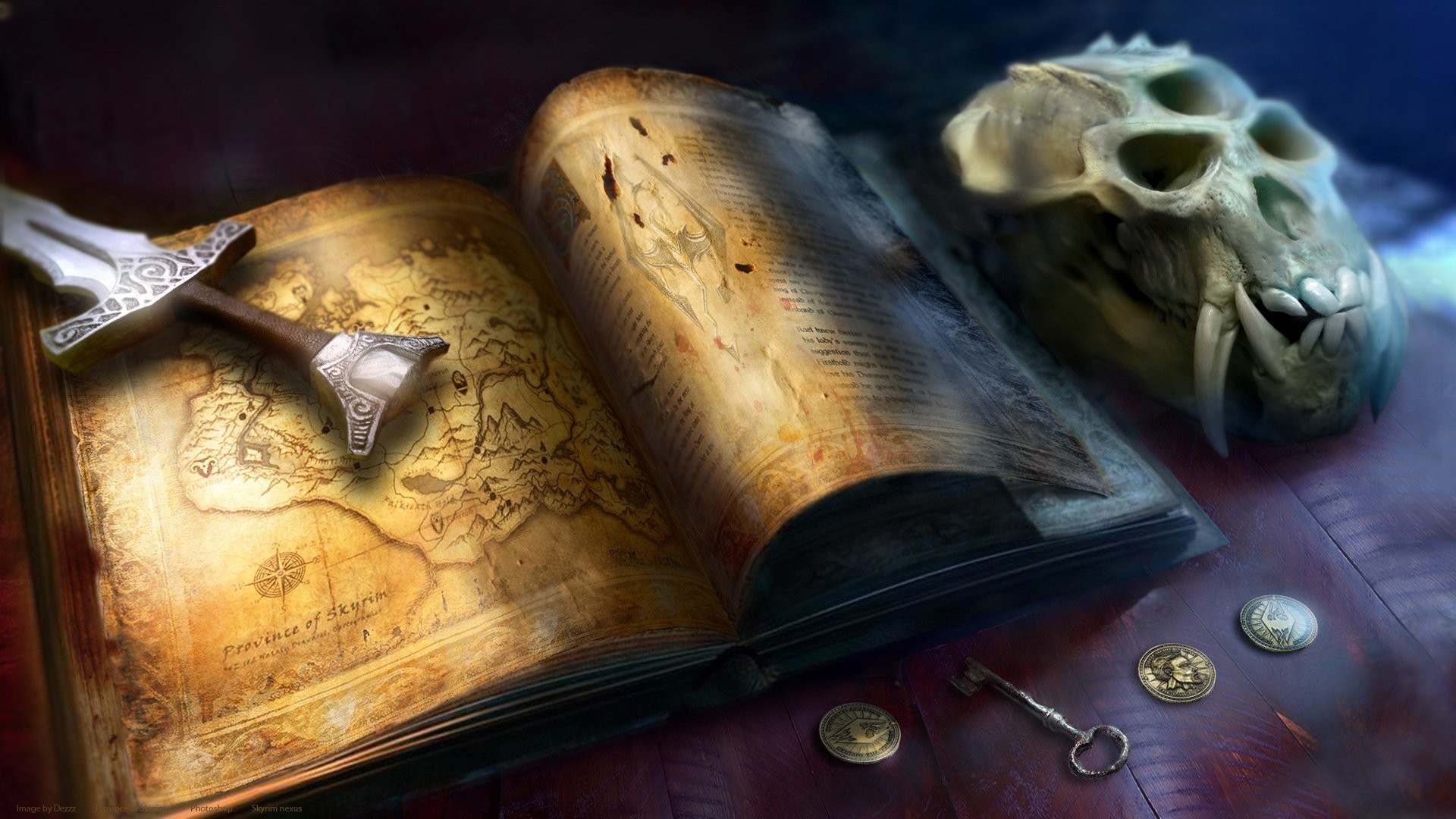 The Elder Scrolls V: Skyrim, Mappa di Skyrim, Libro, Teschio di drago, Monete, sfondo per PC