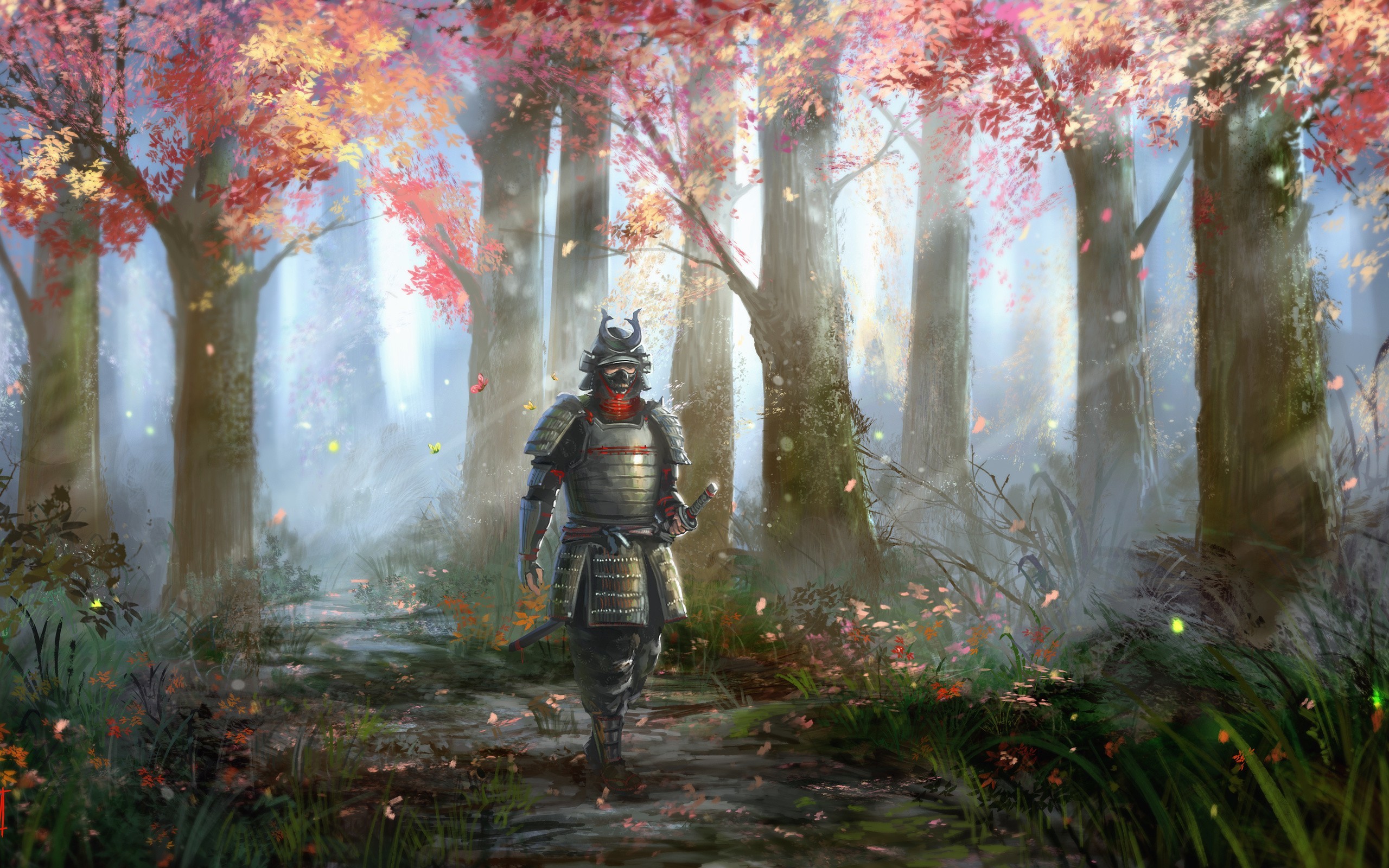 Samurai, Foresta, Aceri rossi, Pittura digitale, 2K, sfondo per PC