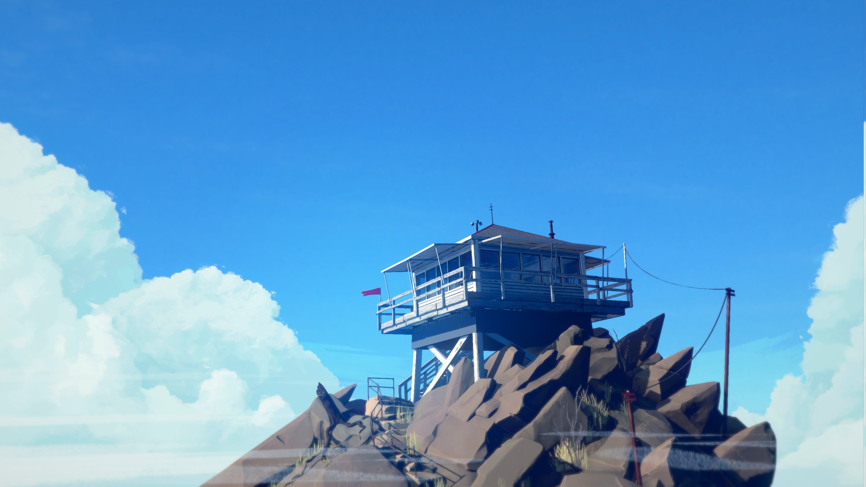 Firewatch, Torre di avvistamento, Cielo azzurro, Nuvole, 2K, sfondo per portatile