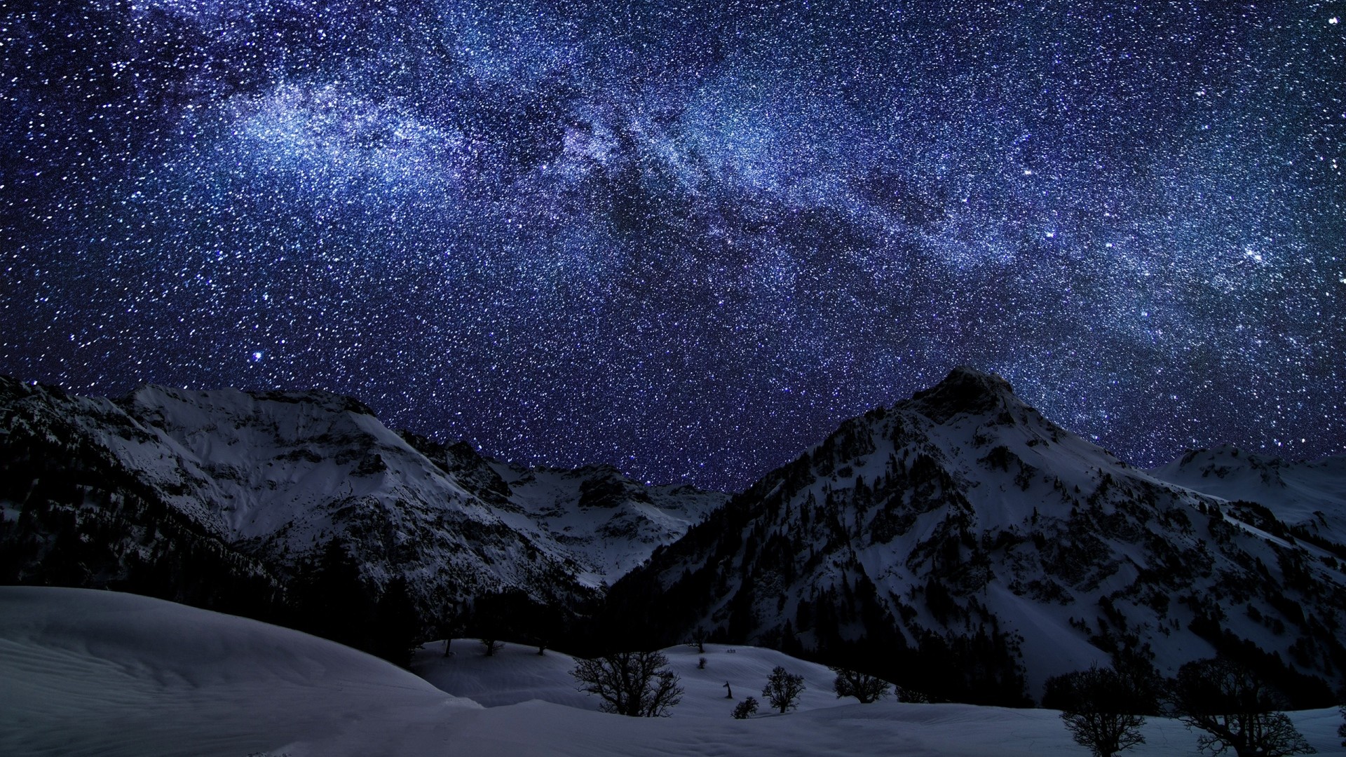 Via Lattea, Montagne innevate, Notte, Cielo stellato, 1920x1080, immagine di sfondo