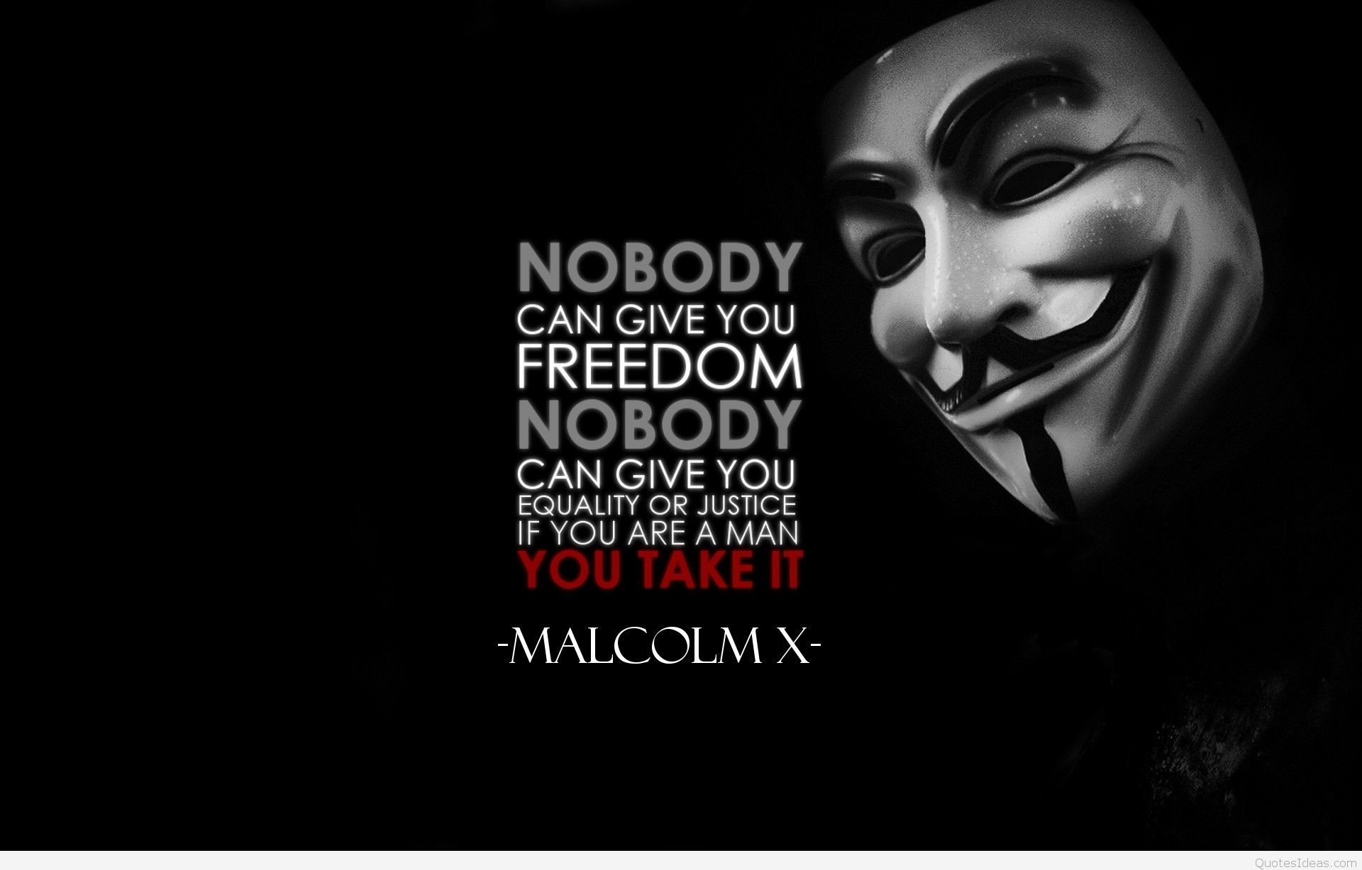 Malcolm X, Maschera di Guy Fawkes, Citazione, Libertà, Sfondo nero, wallpaper Windows 11