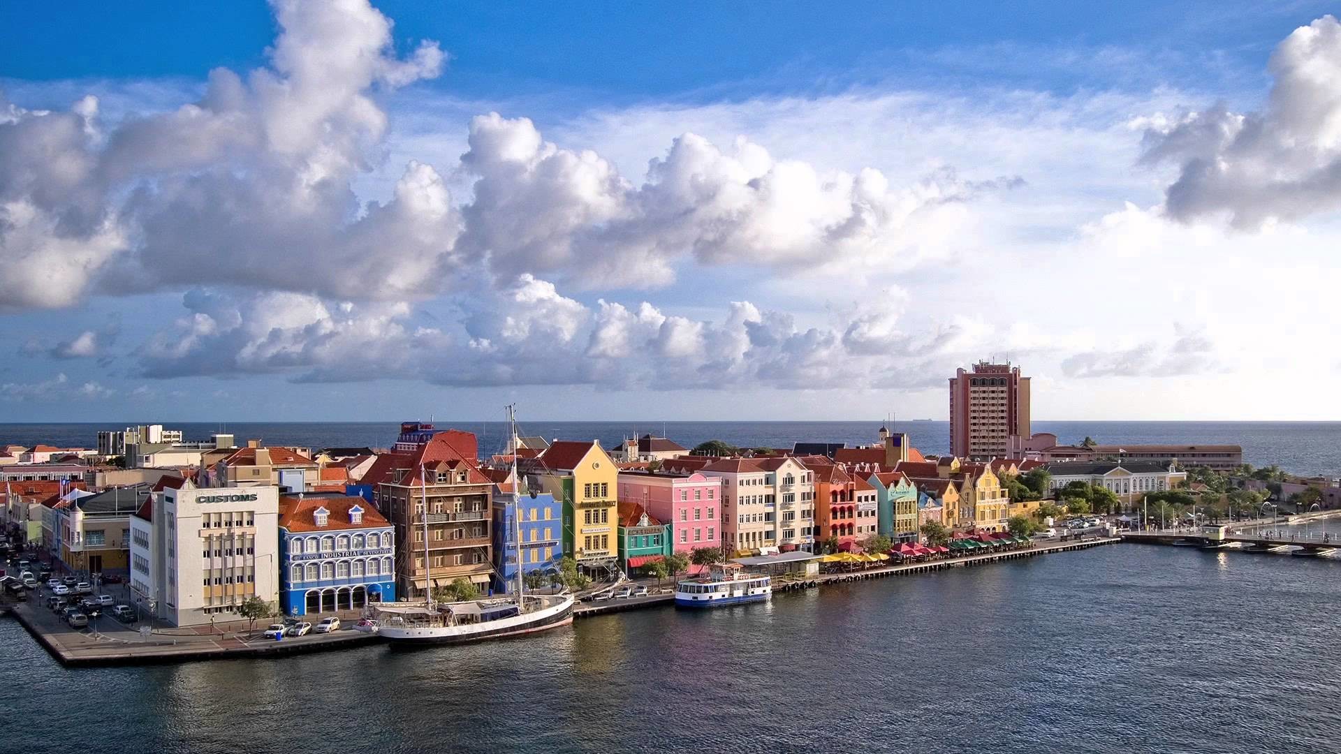 Willemstad, Curaçao, Handelskade, Case colorate, Nuvole, Full HD, sfondo per portatile