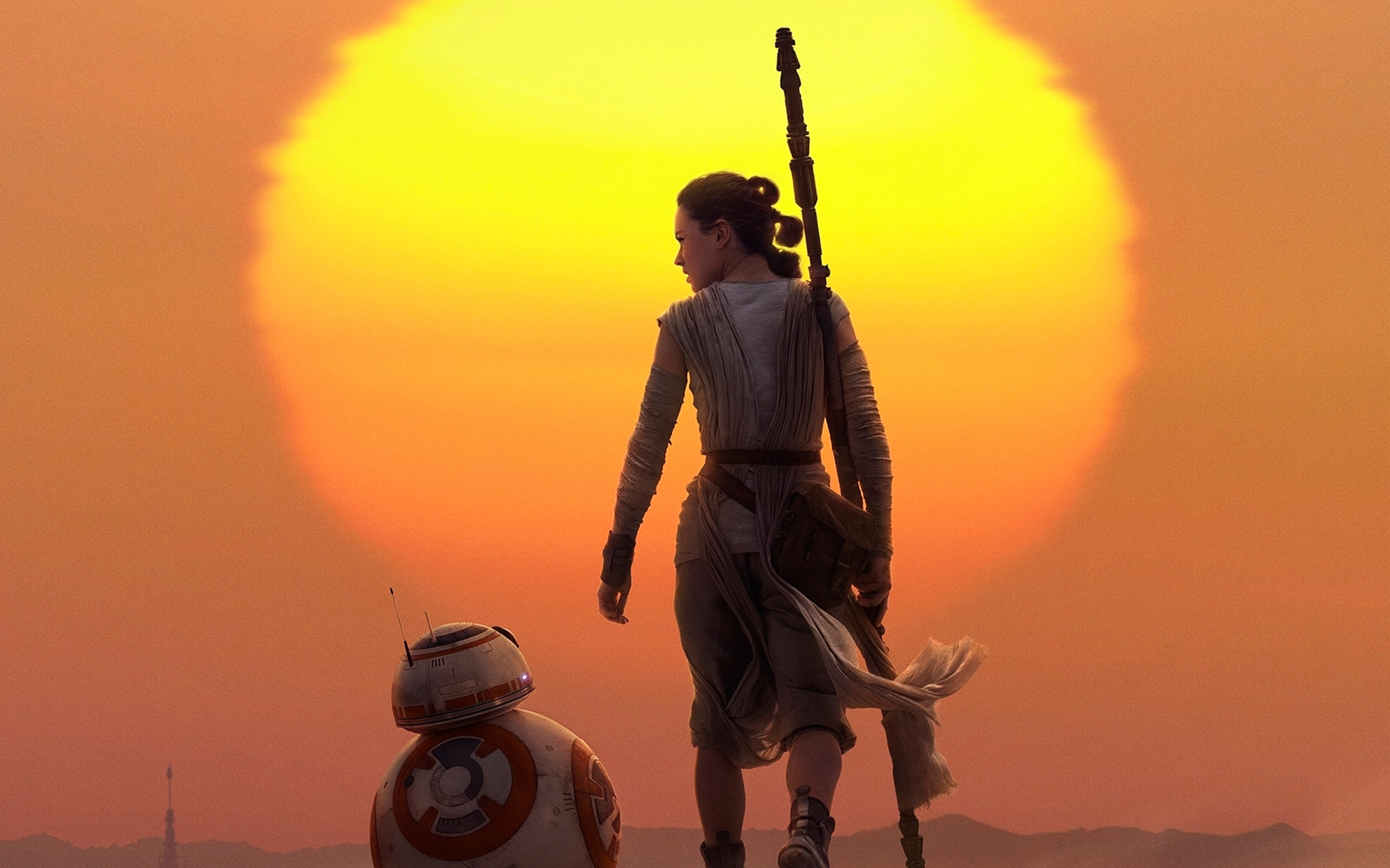 Rey, BB-8, Tramonto, Jakku, 2K, sfondo desktop