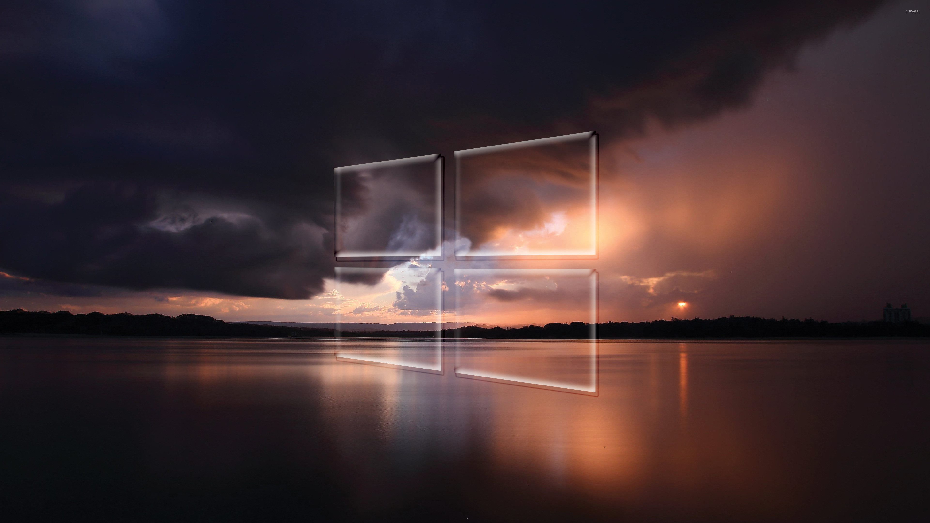 Windows 10, Logo Windows, Temporale, Tramonto, Lago, 4K, sfondo desktop