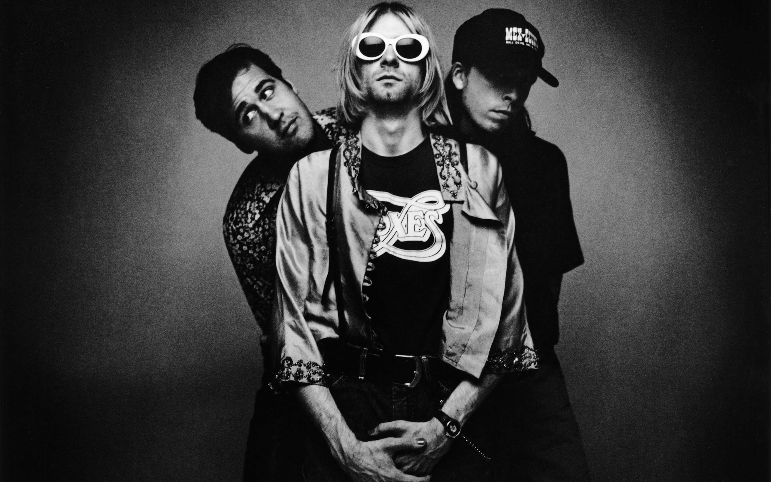 Nirvana, Kurt Cobain, Dave Grohl, Krist Novoselic, Bianco e nero, sfondo Windows 11
