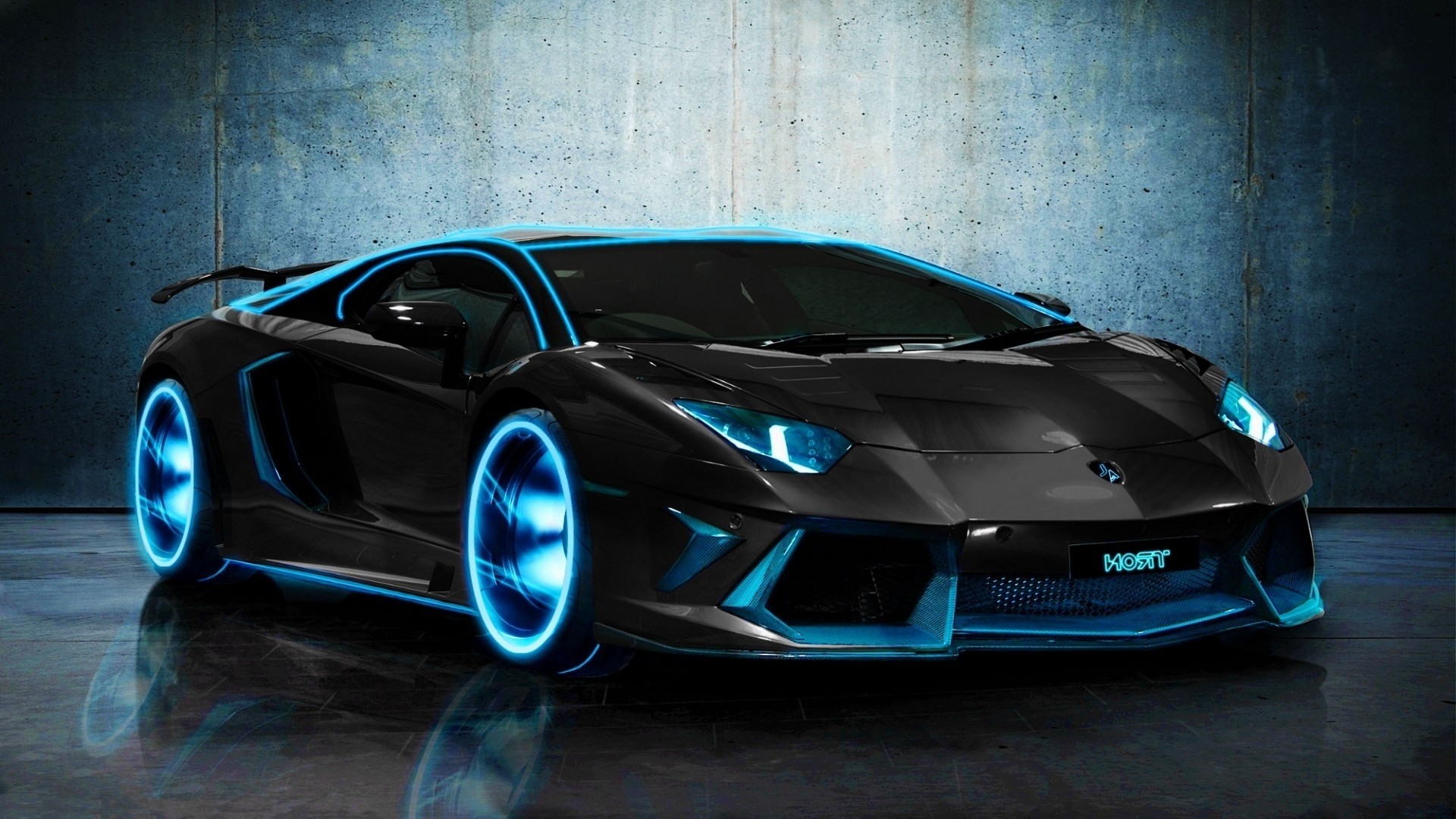 Lamborghini Aventador, Luci al neon blu, Nero opaco, Tuning, 16:9 Full HD, sfondo widescreen