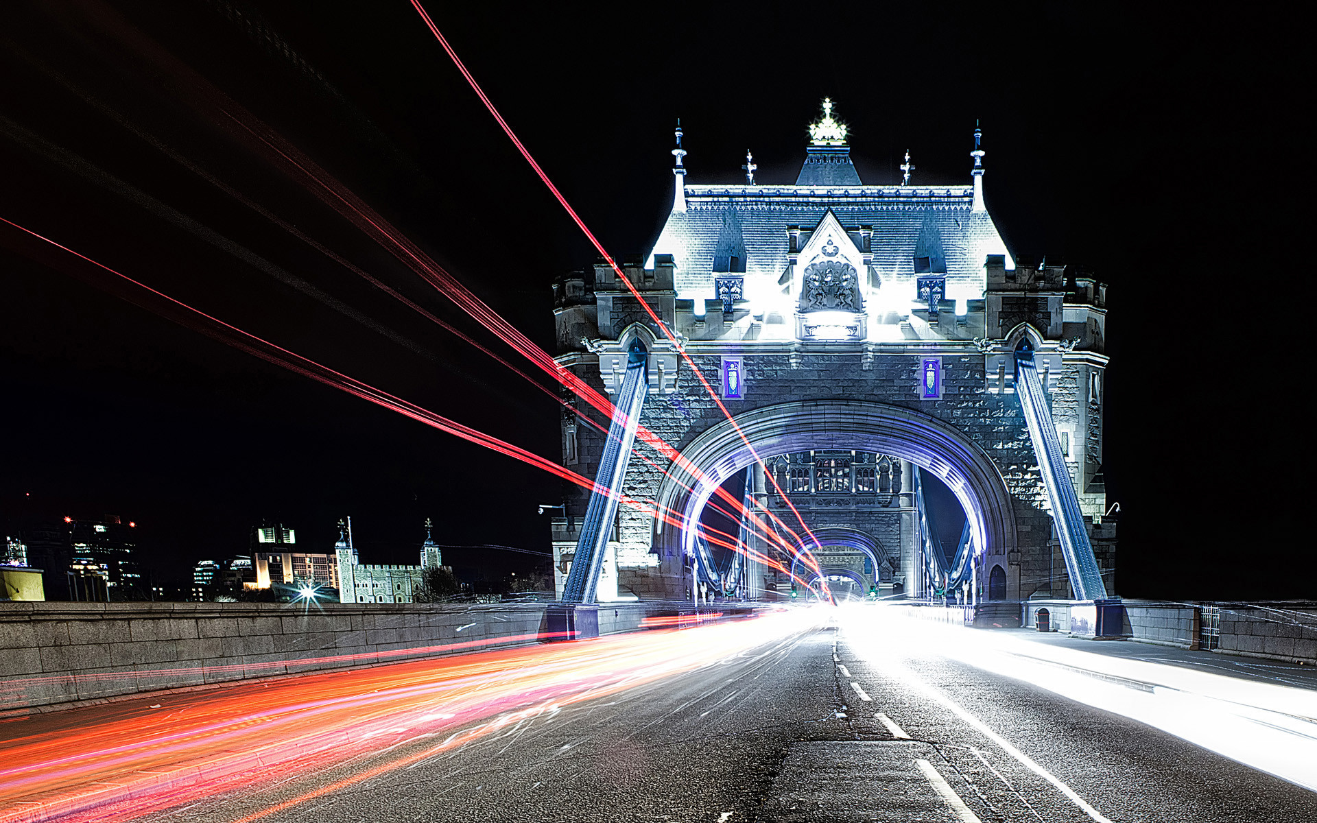 Tower Bridge, Scie luminose, Londra, Notte, 16:10 Full HD, sfondo widescreen