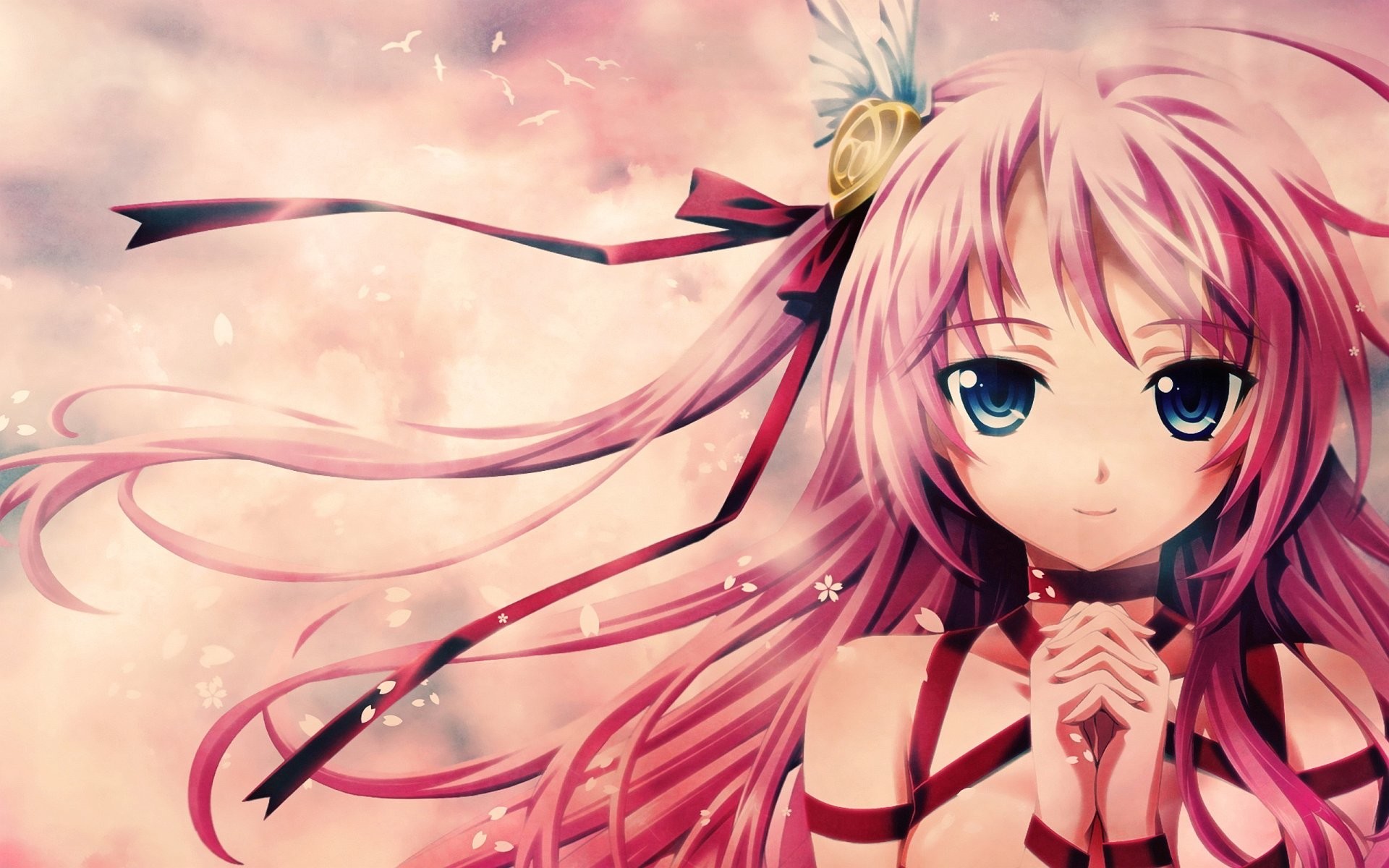 Ragazza anime, Capelli rosa, Primo piano, Nastri, 1920x1200, wallpaper desktop