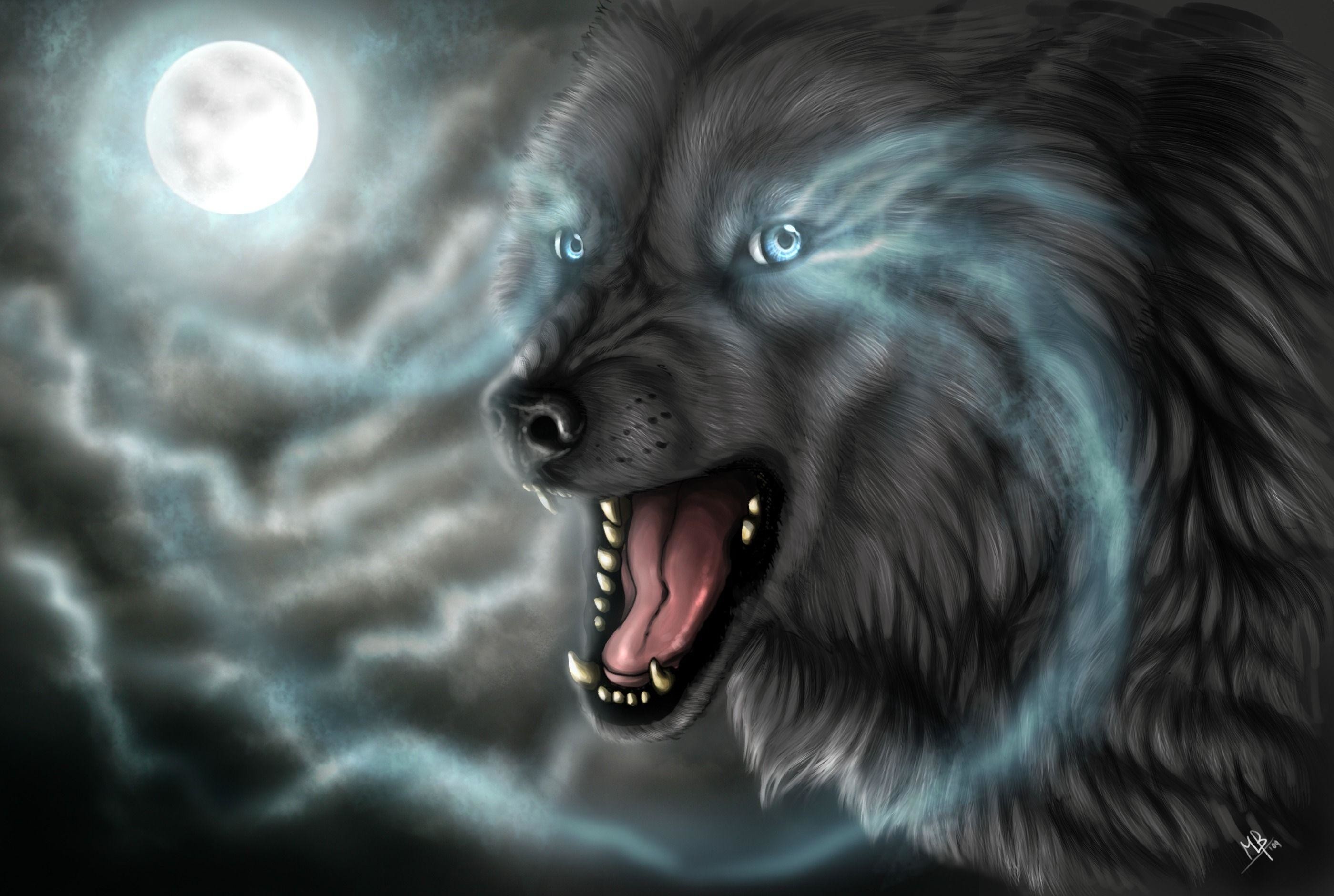 Lupo nero, Ringhio, Luna, Occhi azzurri, Arte fantasy, 2K, sfondo per PC e portatile