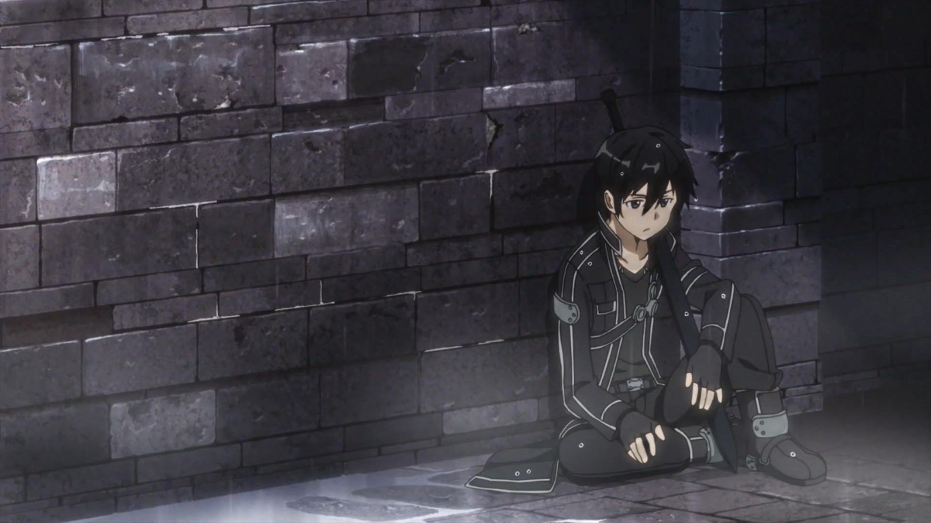 Kirito, Sword Art Online, Muro di pietra, Seduto, Full HD, sfondo desktop