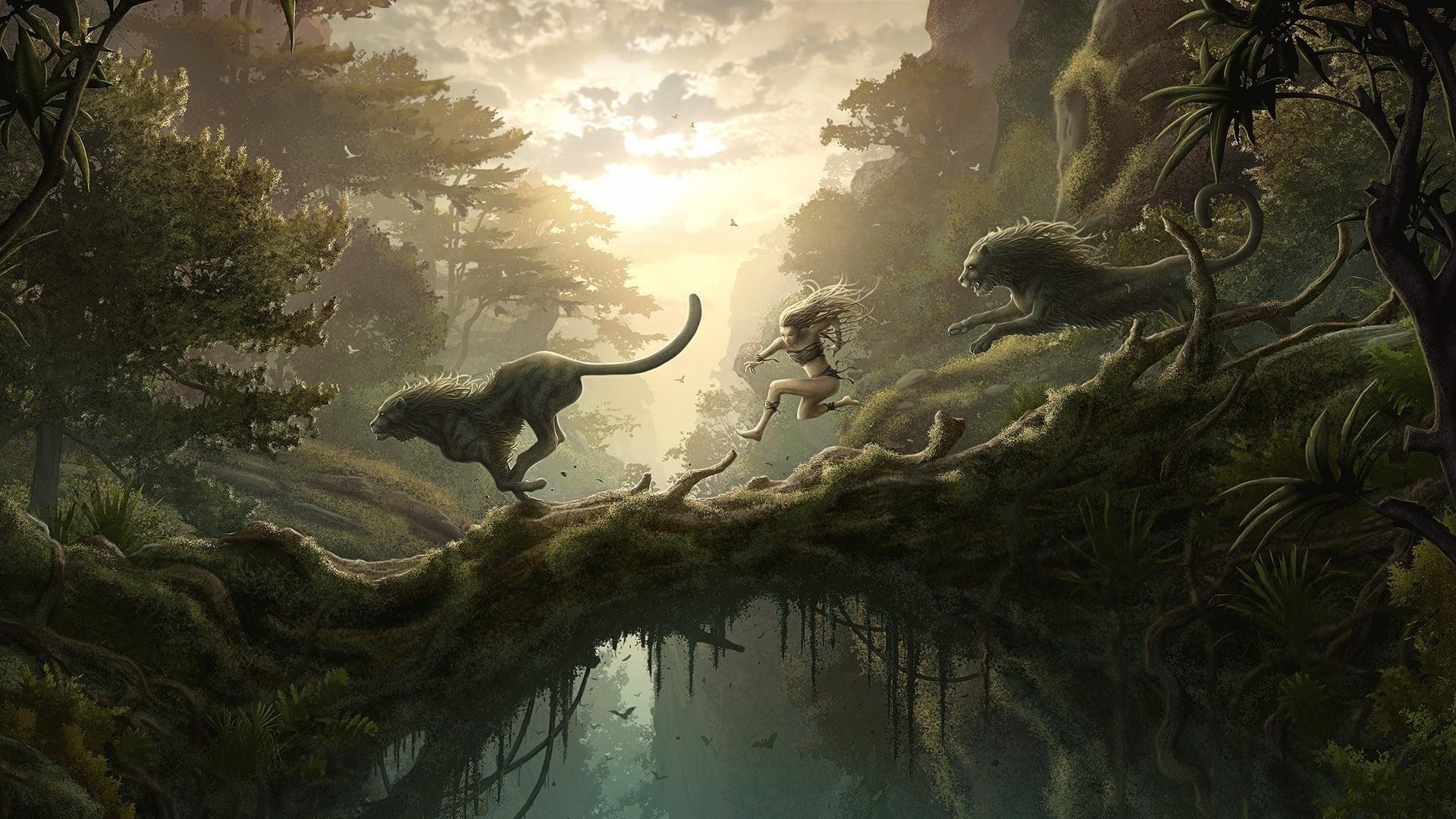 Giungla, Pantera, Scimmia, Arte fantasy, Ponte naturale, Full HD, wallpaper desktop