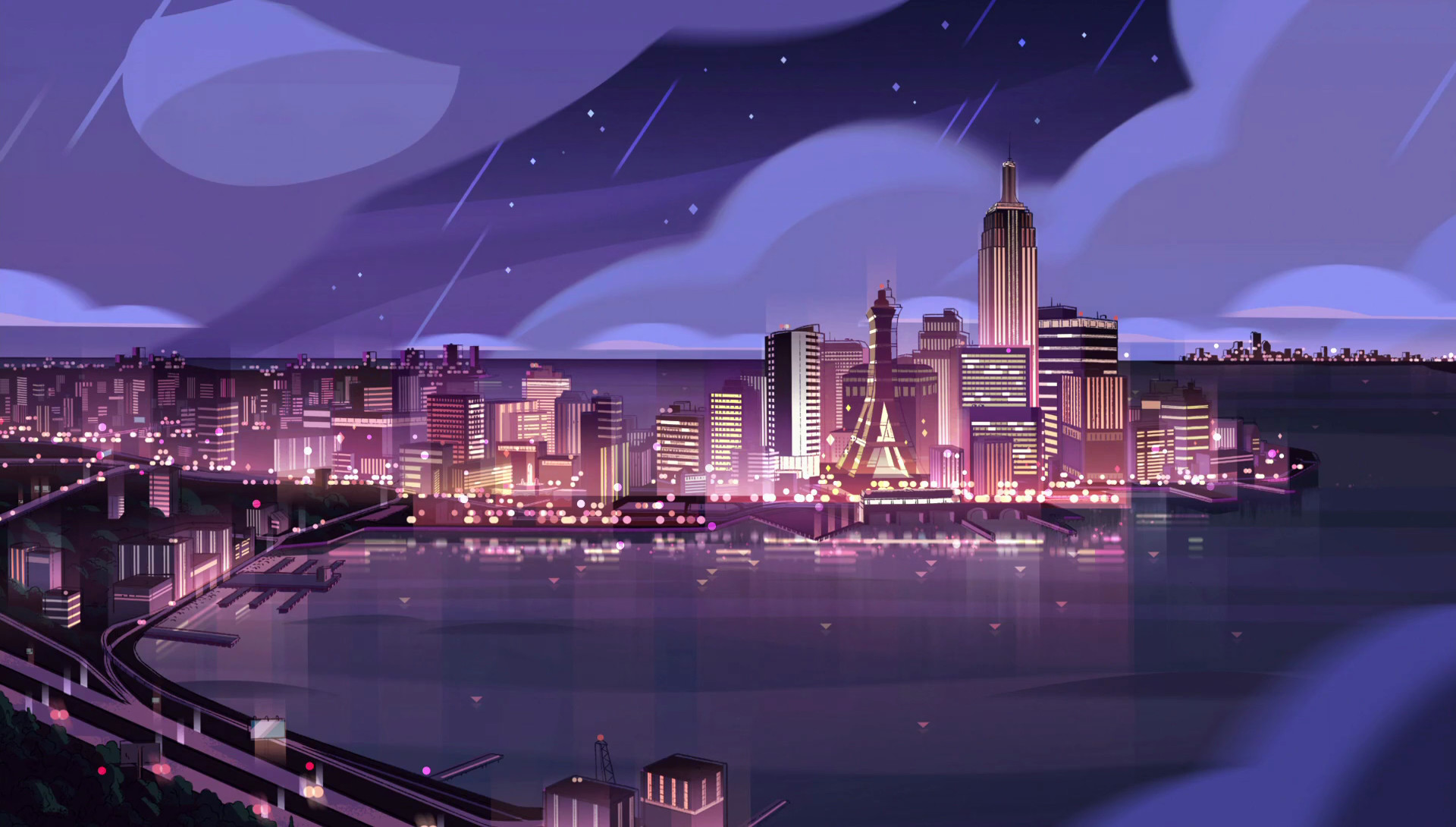 Empire City, Steven Universe, Città, Notte, Viola, Full HD, sfondo desktop