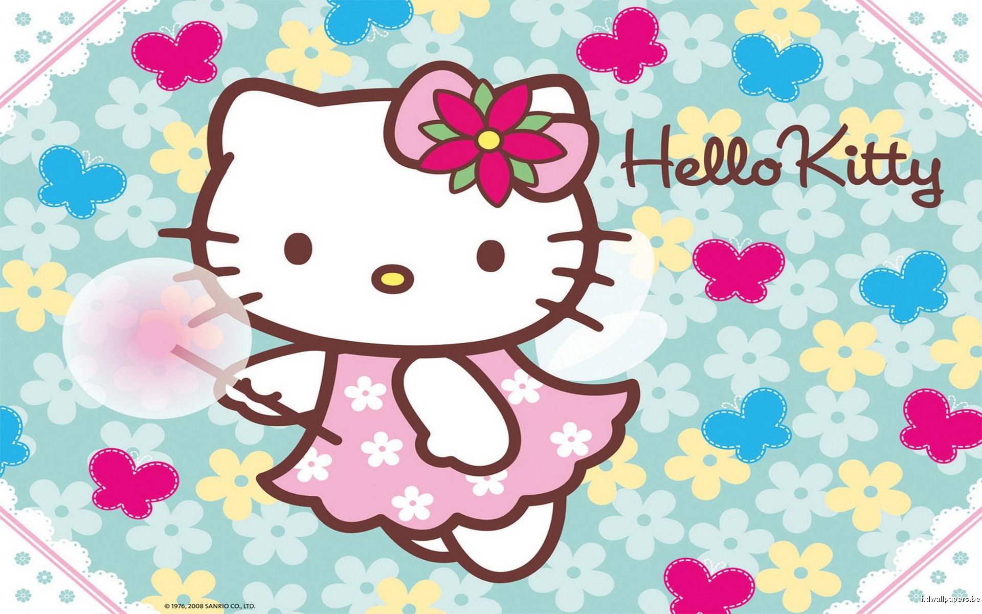 Hello Kitty, Farfalle, Fiori, Dente di leone, Pastello, 1920x1200, immagine di sfondo