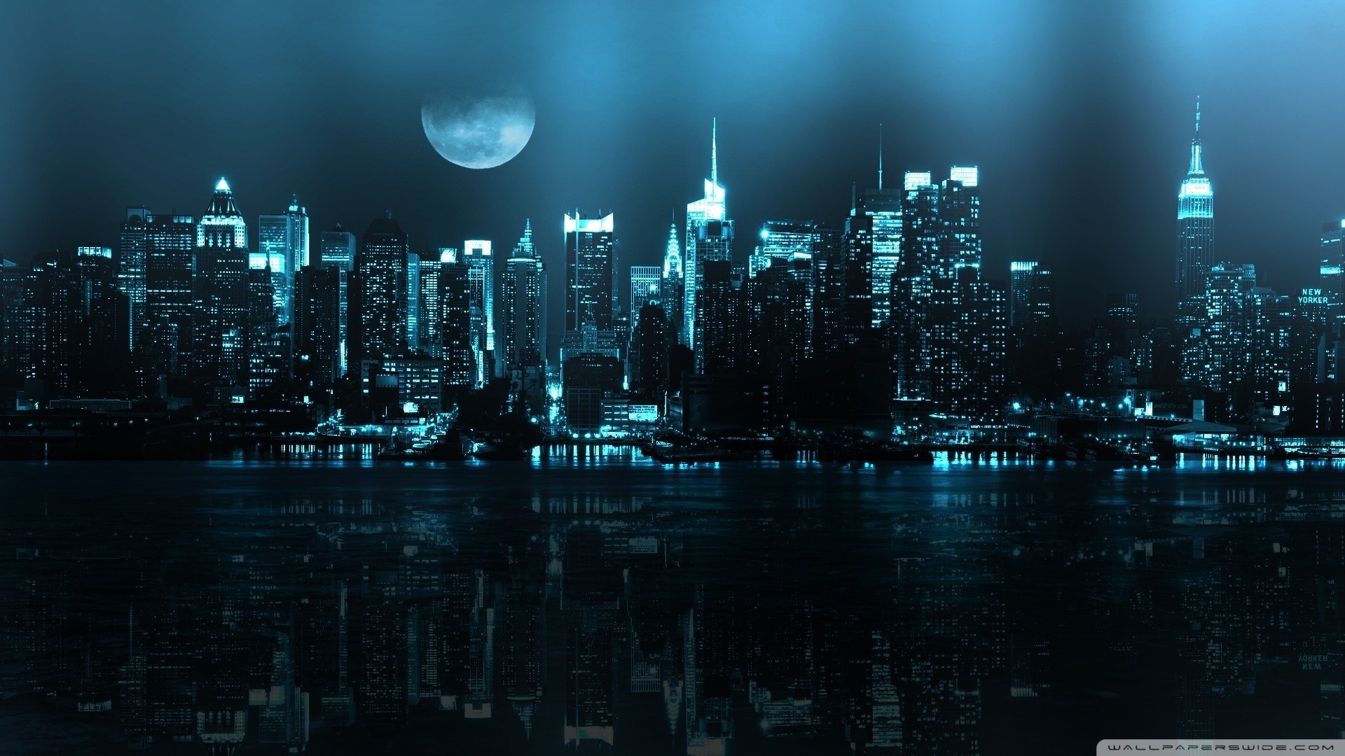Città di notte, Skyline, Luna, Riflesso, Full HD 1080p, sfondo desktop