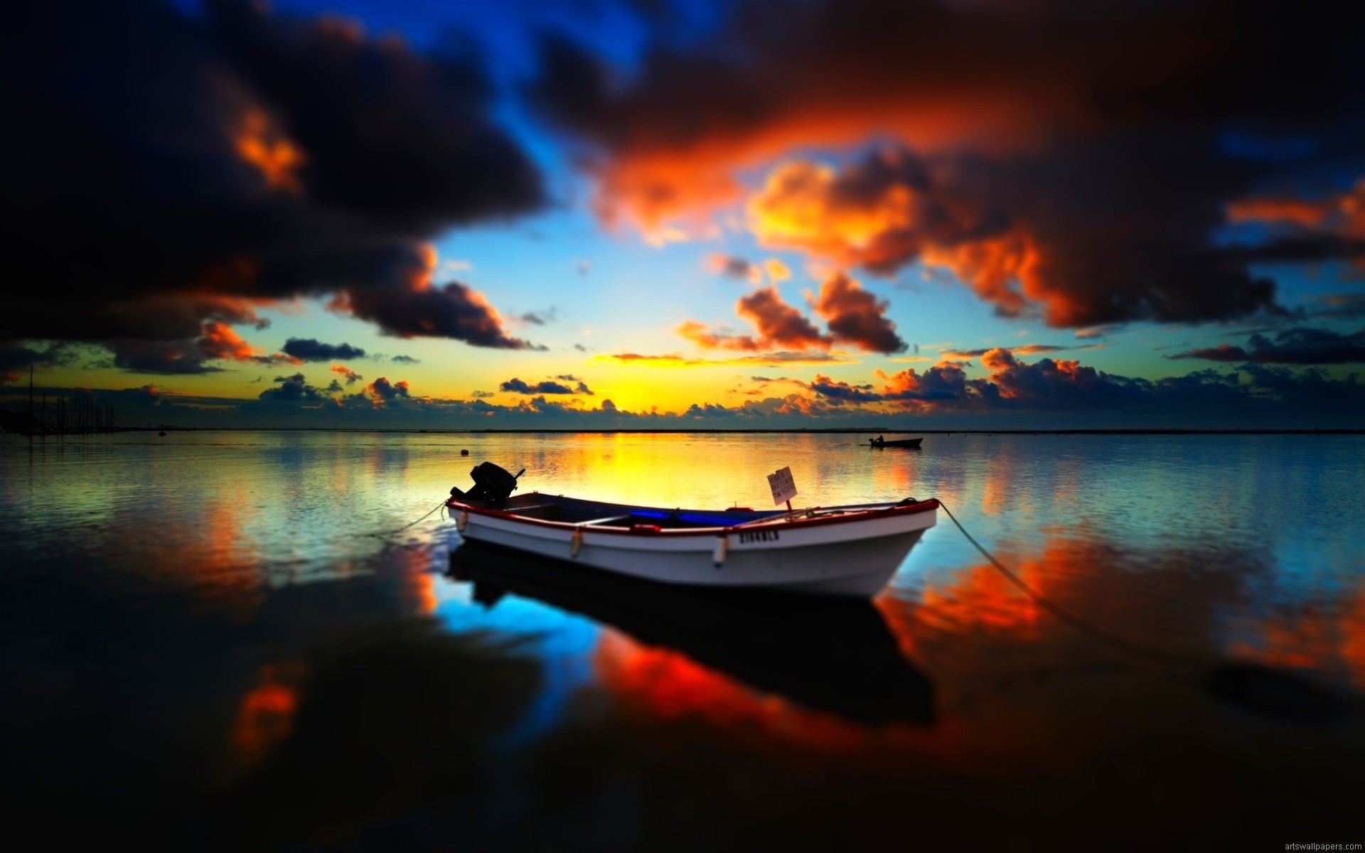 Barca, Tramonto, Lago, Riflesso, Nuvole, 1920x1200, wallpaper desktop