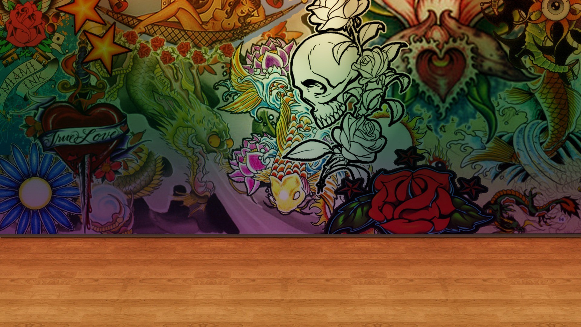 Murale, Teschio, Rose, Stanza, Full HD, sfondo per PC