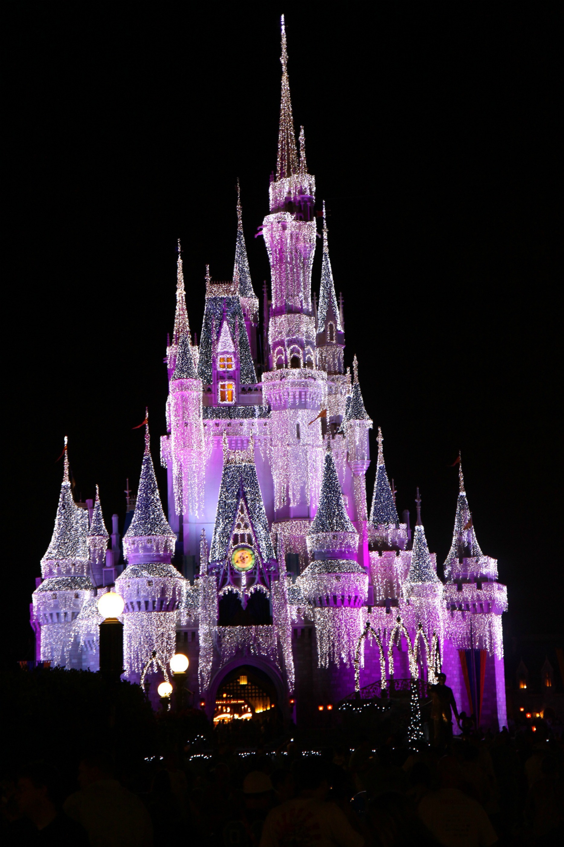 Castello di Cenerentola, Magic Kingdom, Disney, Luci viola, Notte, sfondo iPhone QHD+