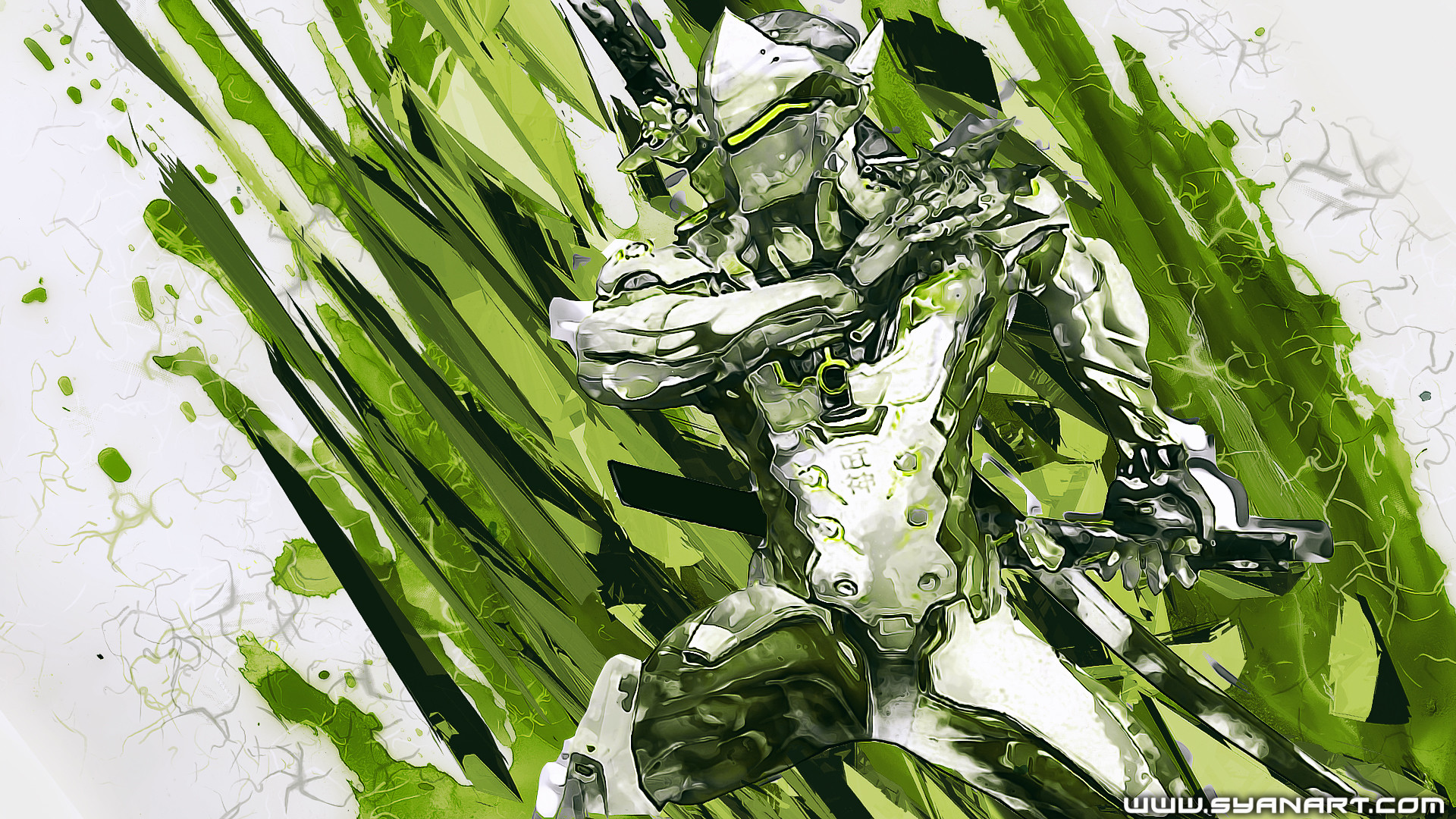 Genji, Overwatch, Schizzi verdi, Arte digitale, Full HD, sfondo per portatile