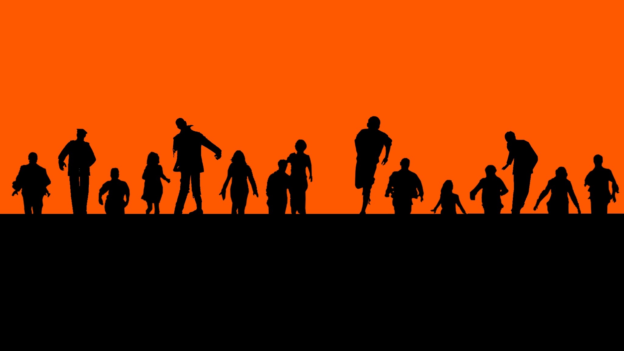 Zombi, Silhouette, Sfondo arancione, Minimalista, 16:9 Full HD, wallpaper widescreen