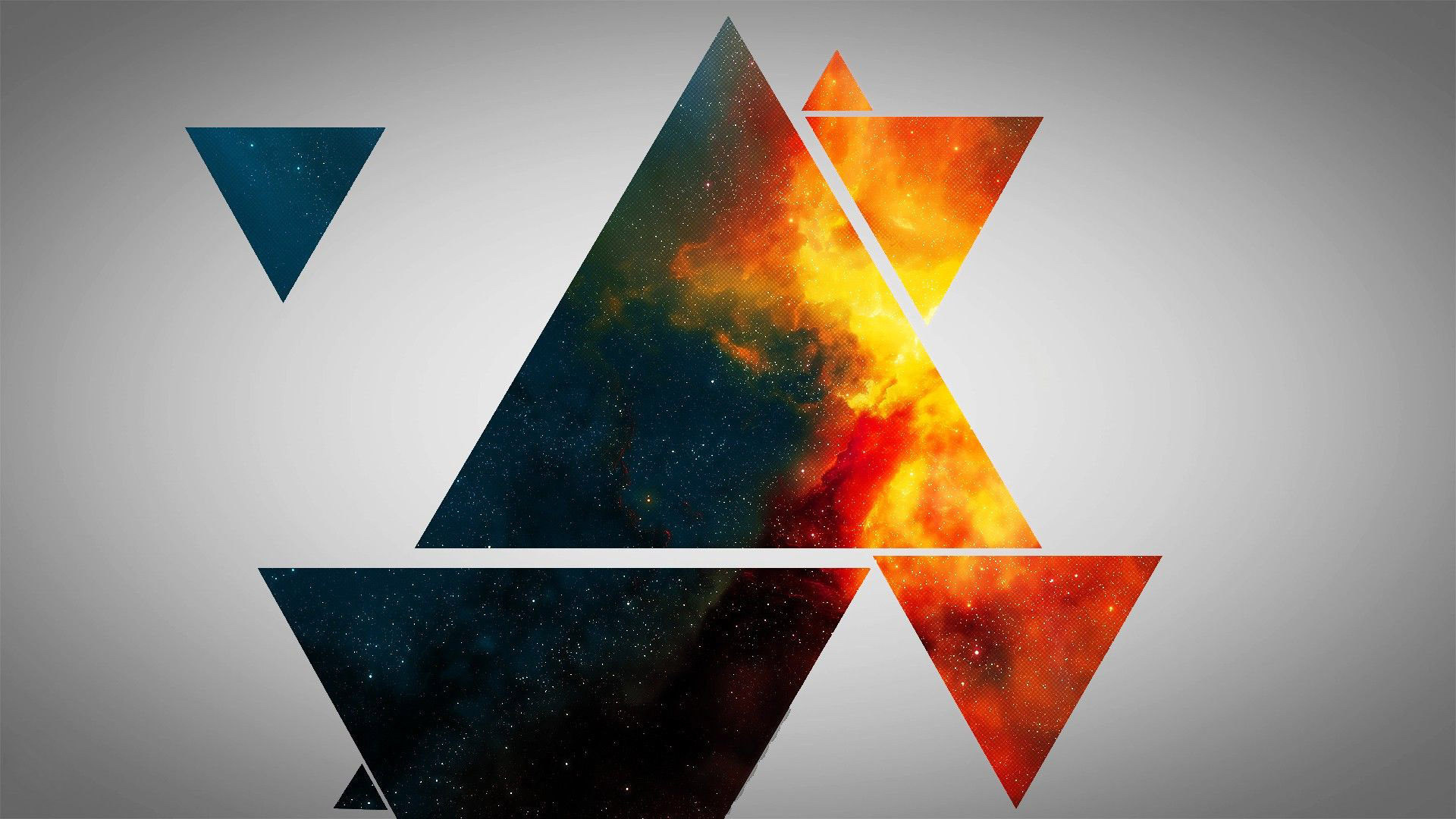 Triangoli, Nebulosa, Fuoco, Sfondo grigio, Full HD, wallpaper per PC