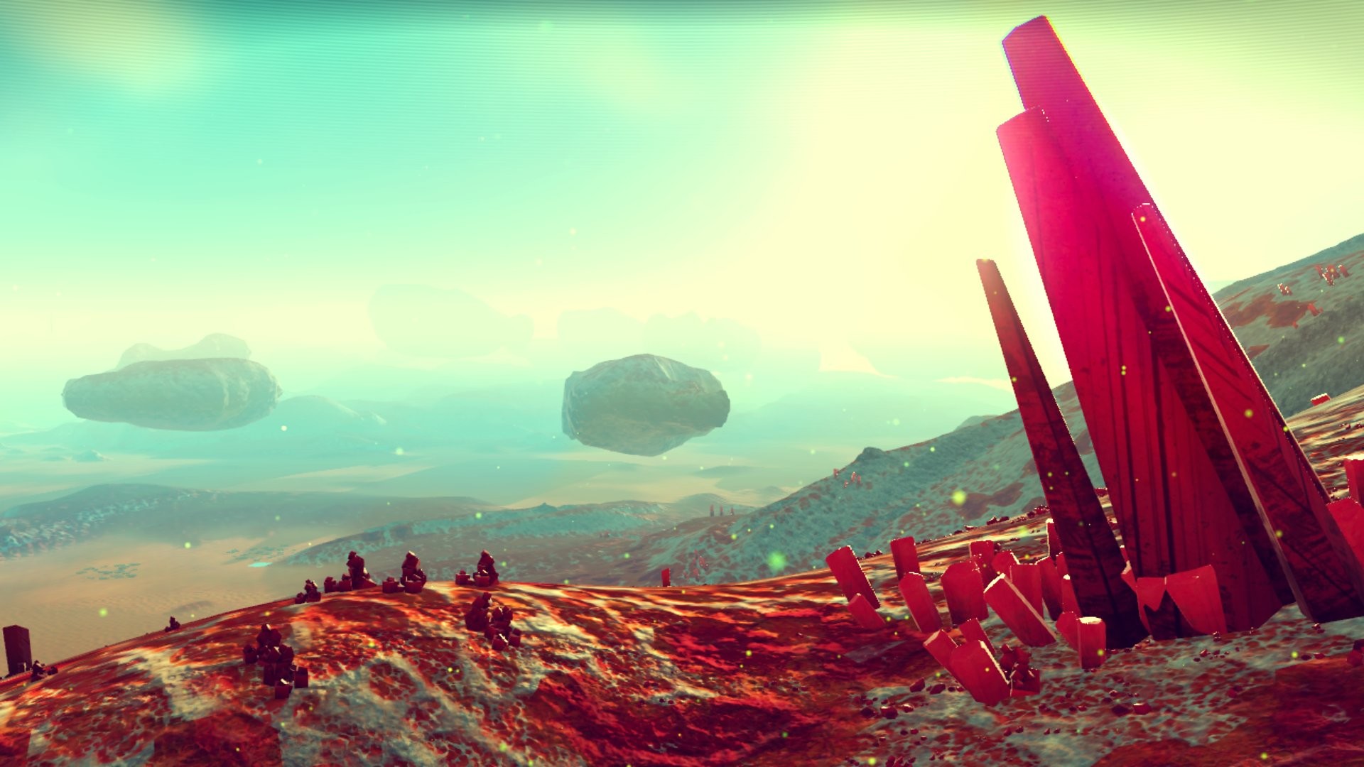 No Man's Sky, Cristalli rossi, Rocce fluttuanti, Paesaggio alieno, sfondo 1920x1080 per PC