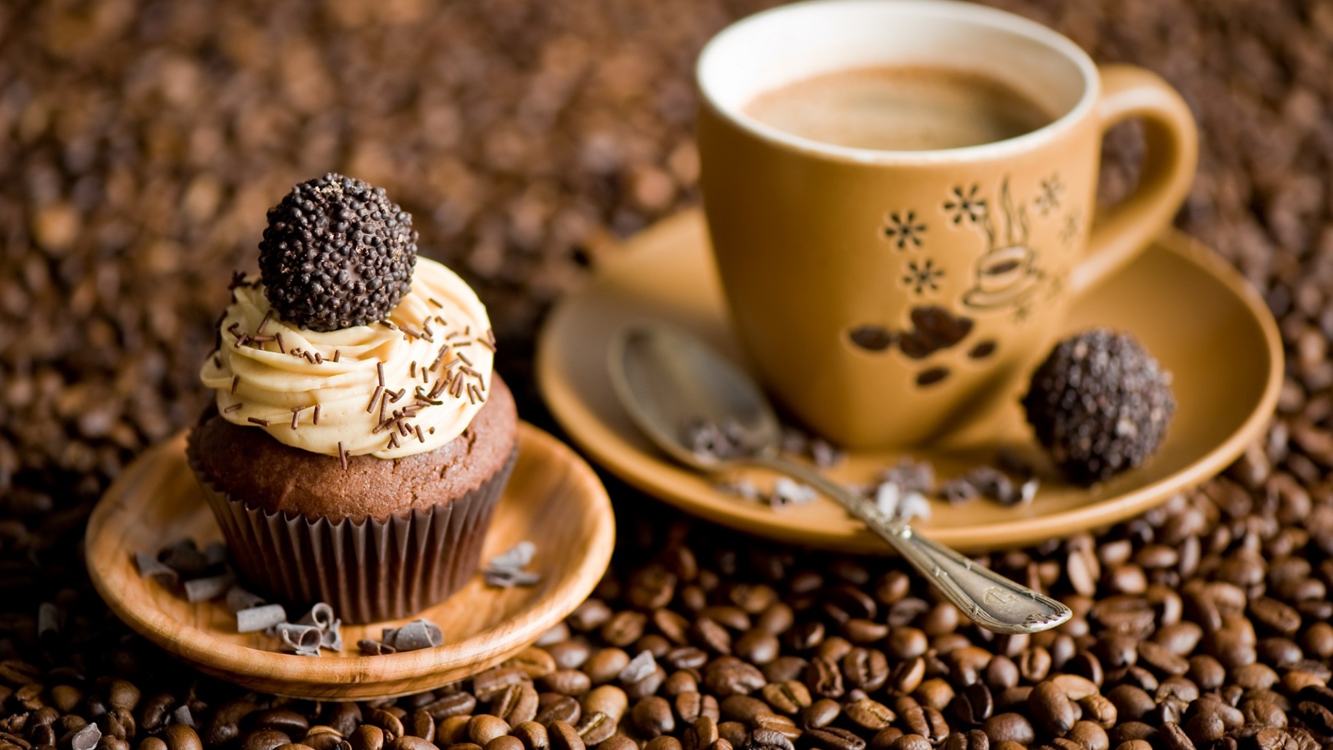 Tazza di caffè, Cupcake, Tartufi al cioccolato, Chicchi di caffè, sfondo desktop 1080p