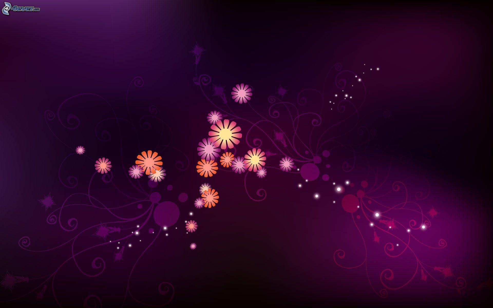Fiori stilizzati, Viola scuro, Brillantini, Full HD, sfondo per portatile