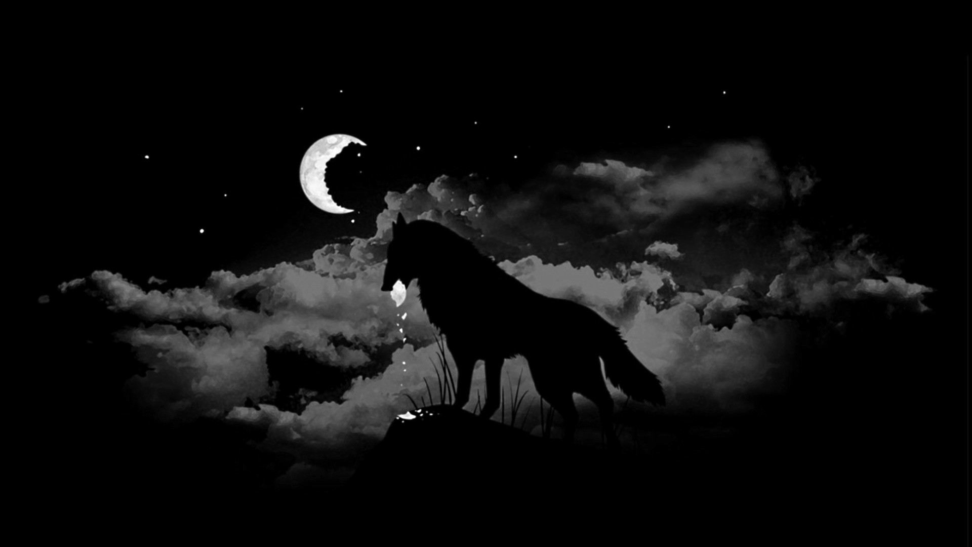 Lupo, Silhouette, Luna crescente, Notte, Nuvole, Full HD, sfondo per PC e portatile