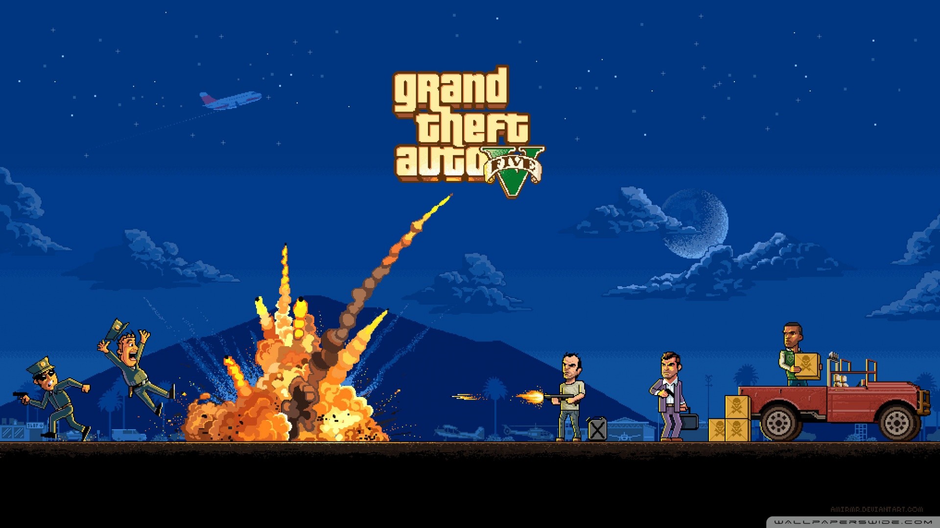 Pixel art, Grand Theft Auto V, Esplosione, Notte, Full HD, wallpaper per computer
