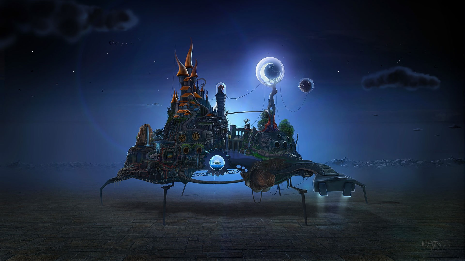 Città mobile, Luna, Notte, Surreale, Full HD, sfondo Windows 11