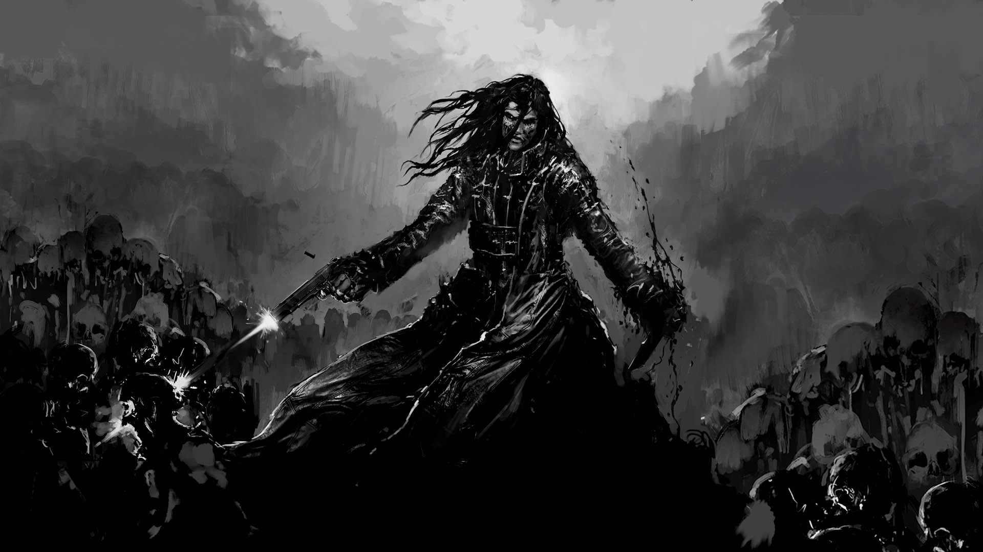 Arte dark fantasy, Pistola, Bianco e nero, 1920x1080, sfondo per PC
