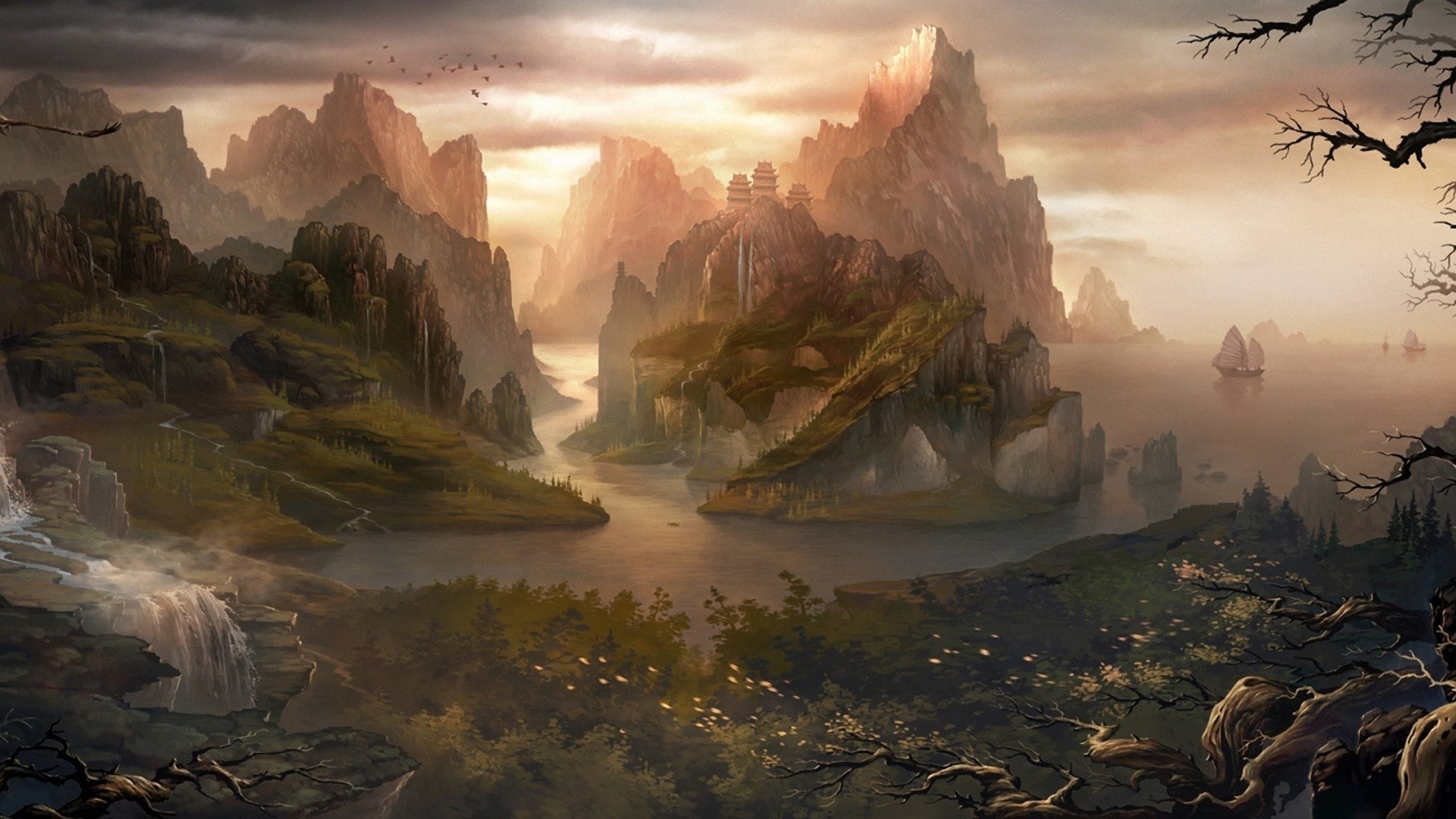 Paesaggio fantasy, Pinnacoli rocciosi, Lago, Tramonto, Velieri, Nebbia, sfondo desktop Full HD