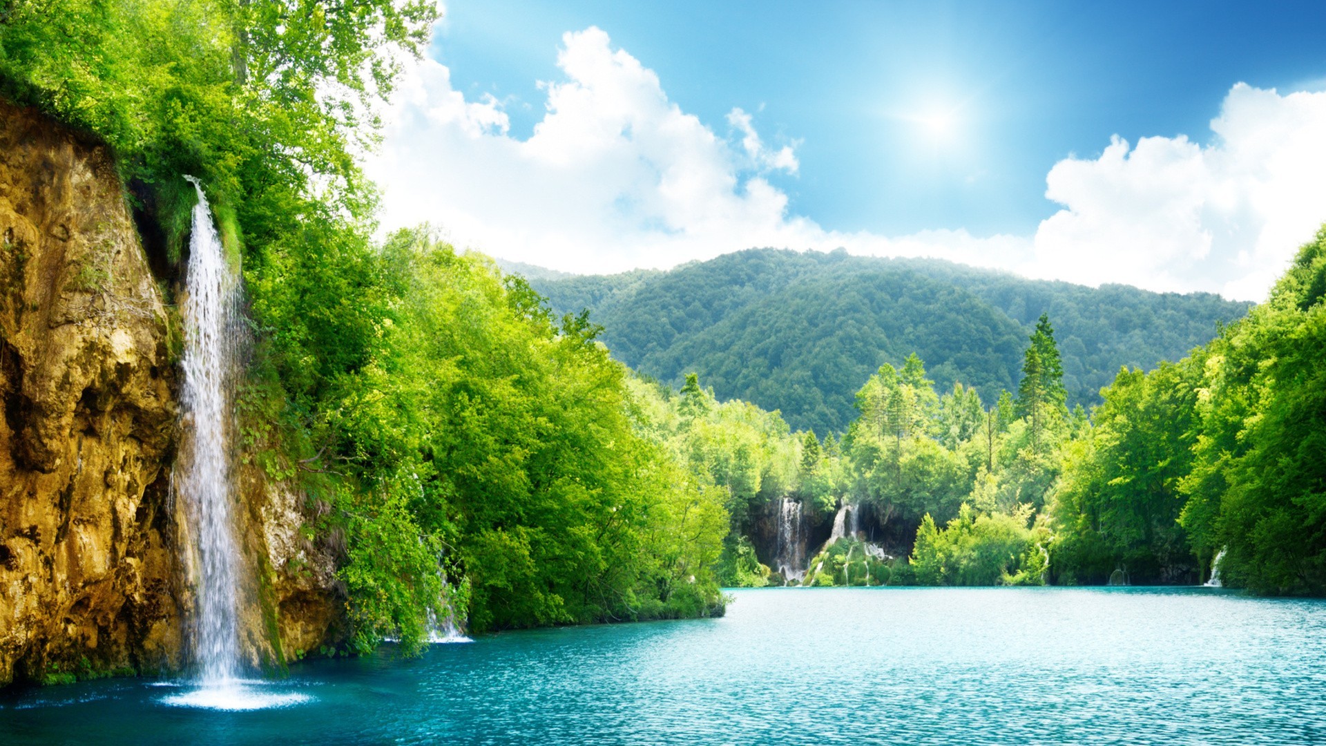 Laghi di Plitvice, Croazia, Cascata, Lago, Foresta, 16:9 Full HD, sfondo widescreen