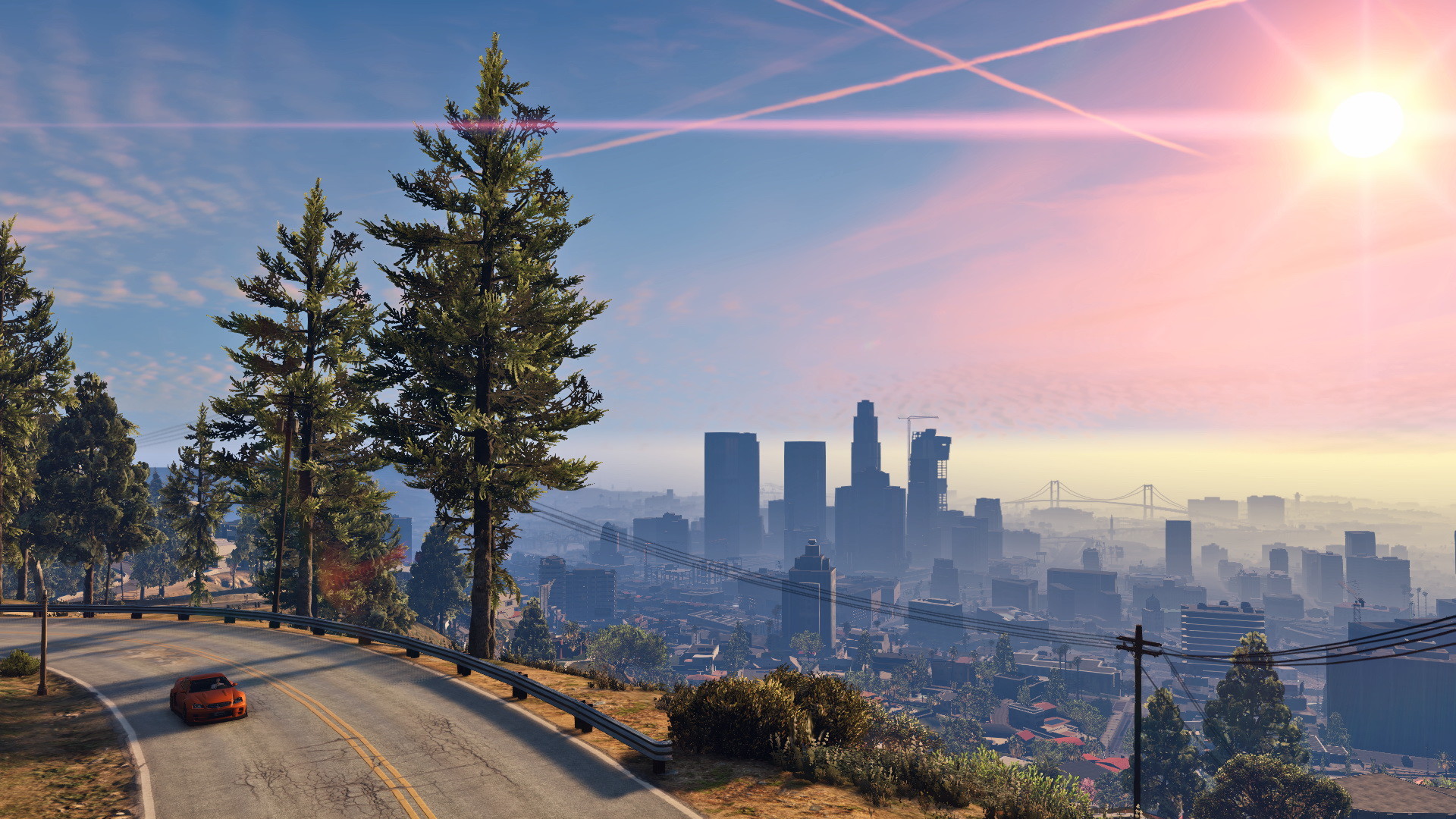 Grand Theft Auto V, Los Santos, Skyline, Pini, Sole, Full HD, sfondo desktop