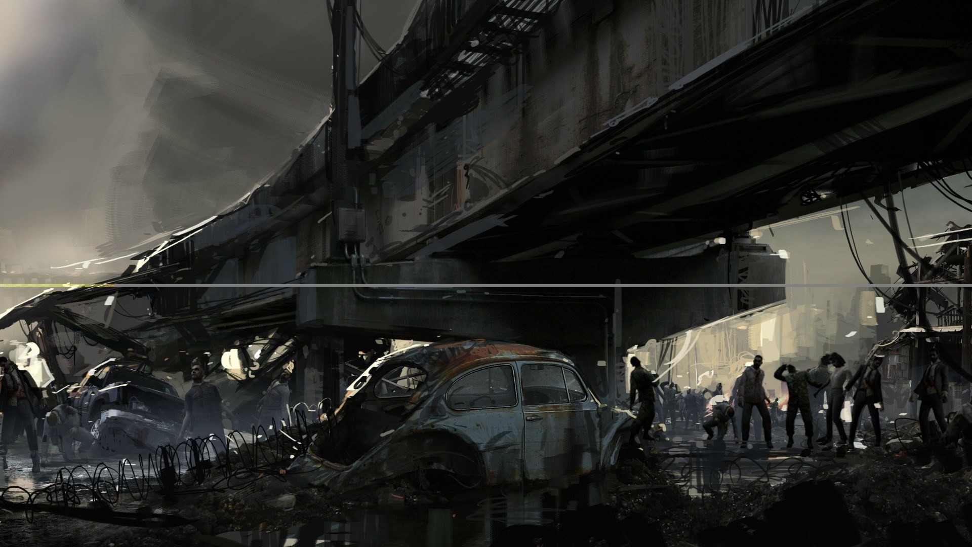 Zombi, Apocalisse, Ponte, Auto abbandonate, Città in rovina, Full HD 1080p, sfondo desktop