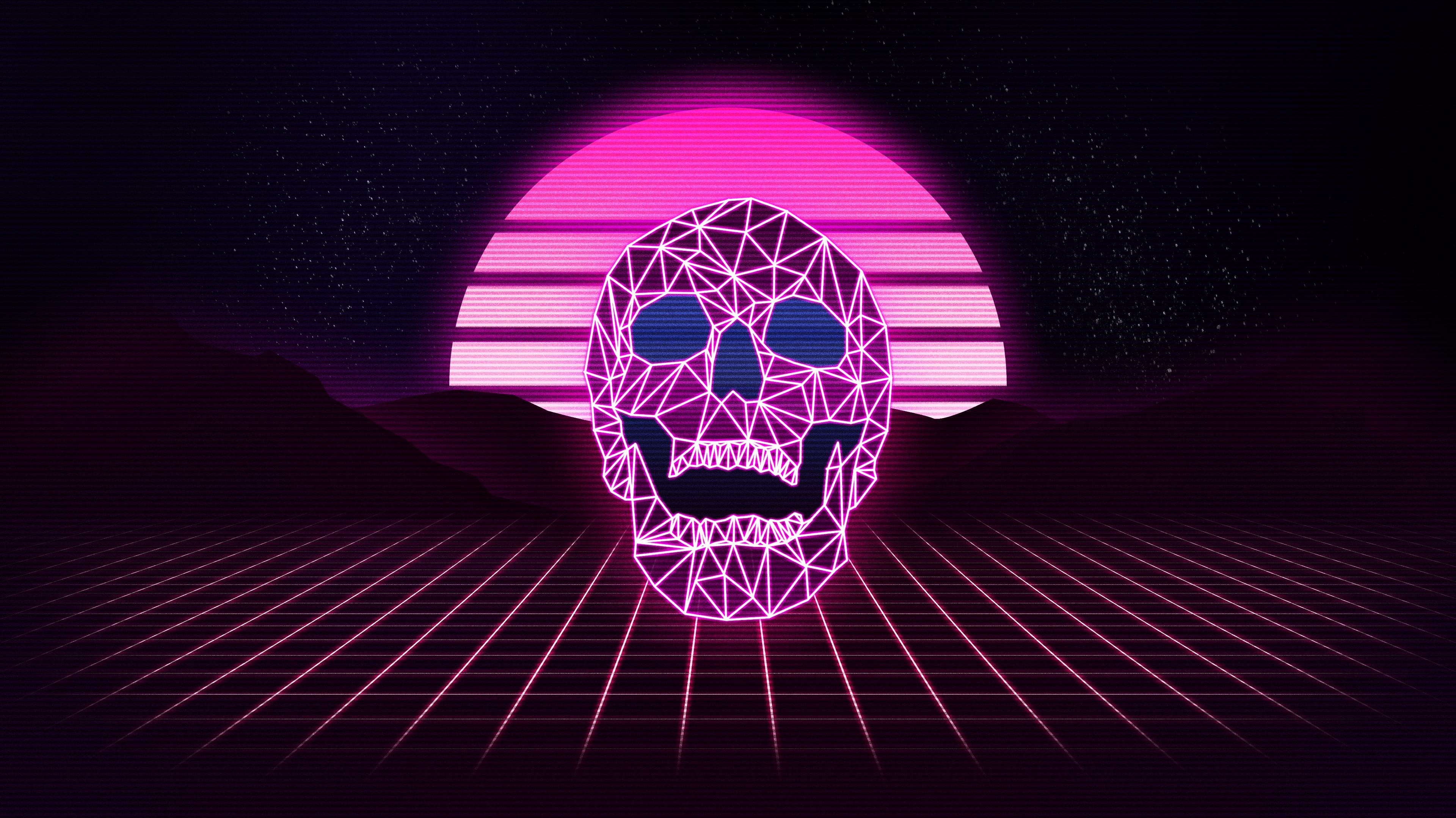 Teschio, Synthwave, Tramonto, Rosa, Griglia neon, 4K, sfondo per PC e portatile