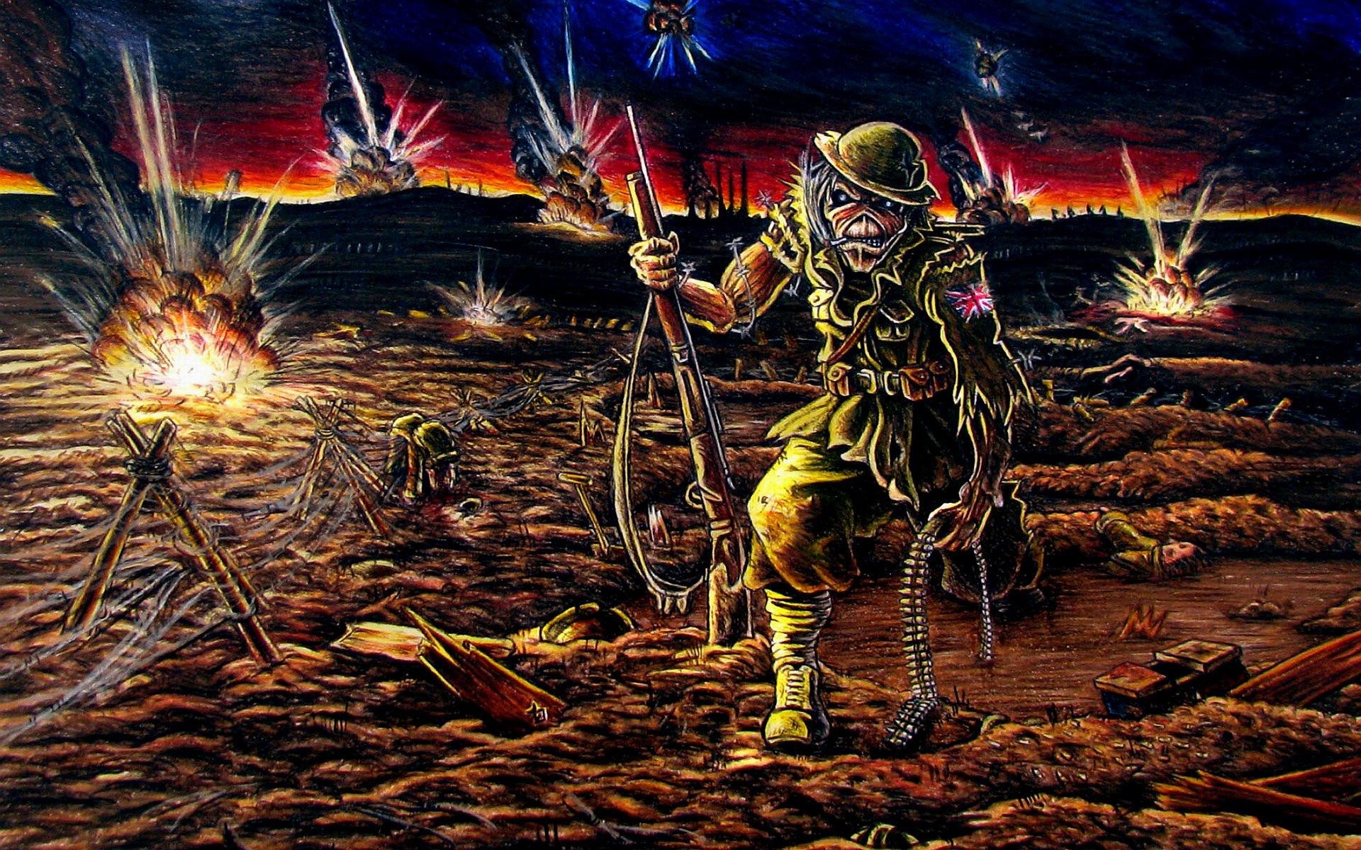 Eddie, Iron Maiden, Soldato, Campo di battaglia, Esplosioni, 1920x1200, sfondo per PC