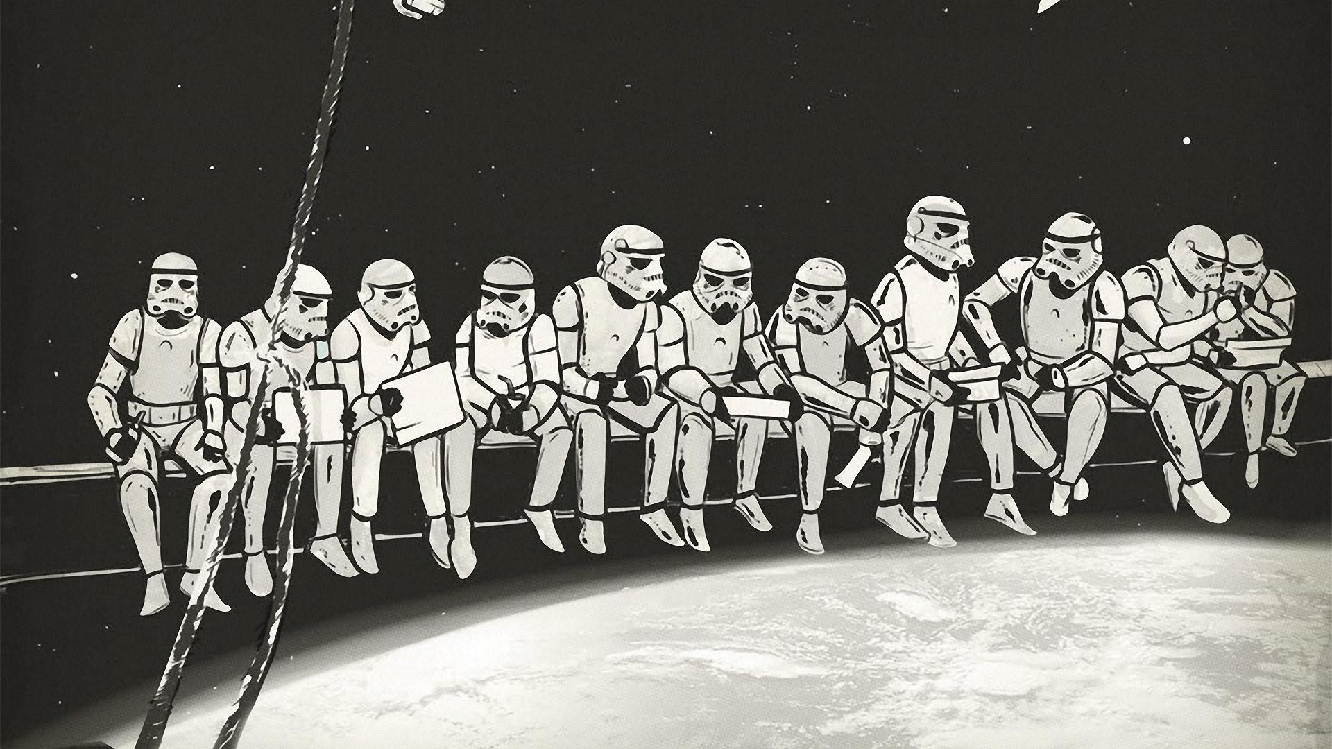 Stormtrooper, Star Wars, Pranzo in cima a un grattacielo, Parodia, Bianco e nero, sfondo Full HD