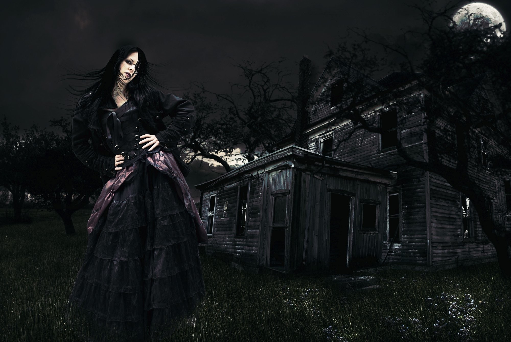 Donna gotica, Casa abbandonata, Luna, Notte, Full HD, sfondo Windows 11