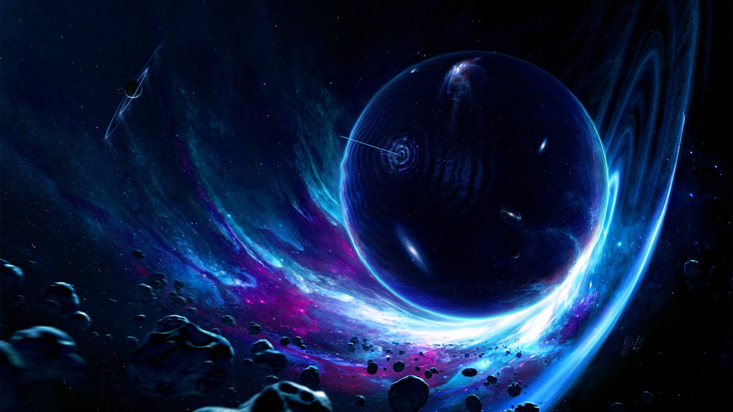 Pianeta, Vortice, Asteroidi, Blu, 2K 1440p, sfondo desktop