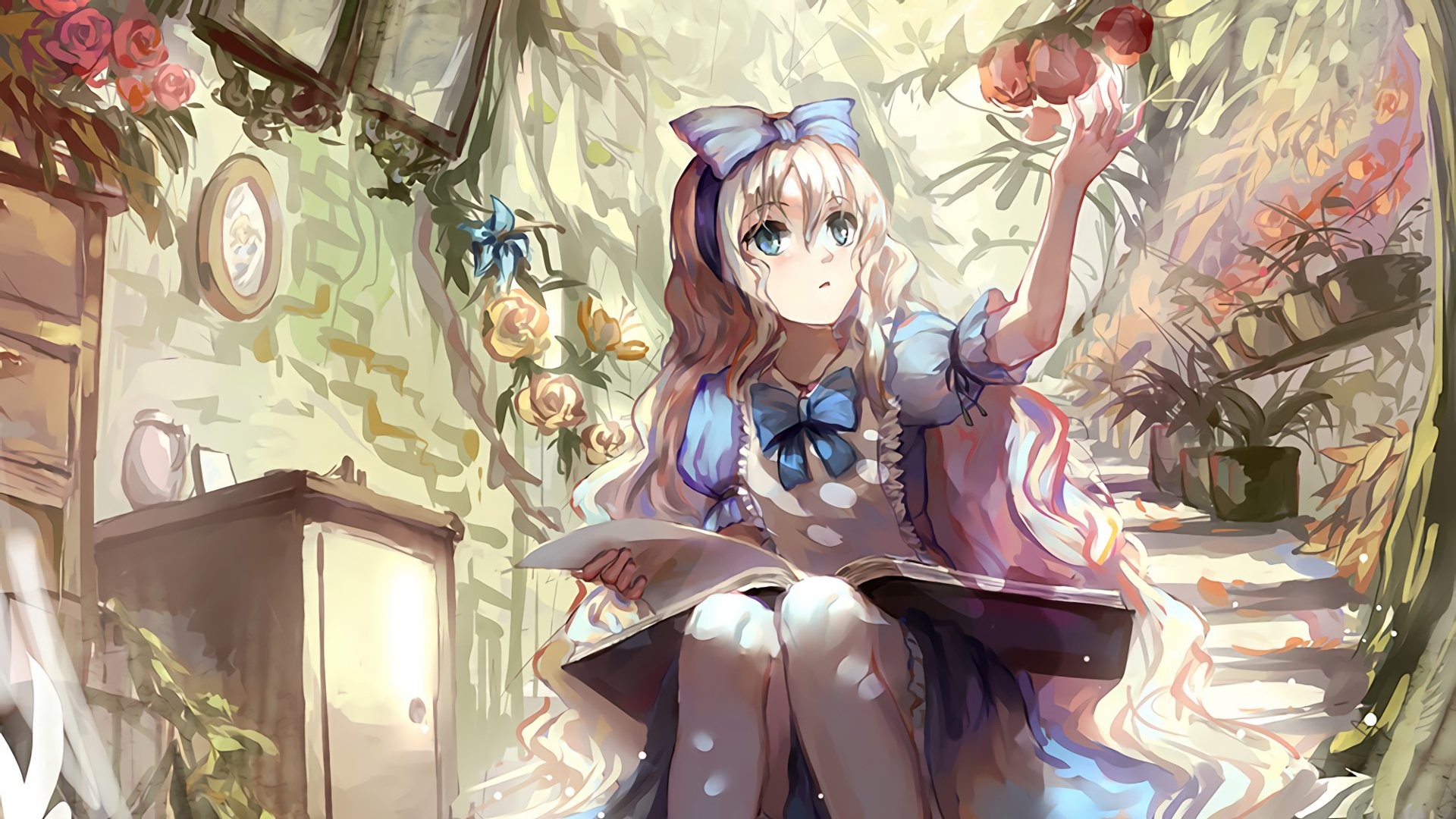 Alice, Anime, Libro, Fiocco, Stanza, 16:9 Full HD, sfondo widescreen