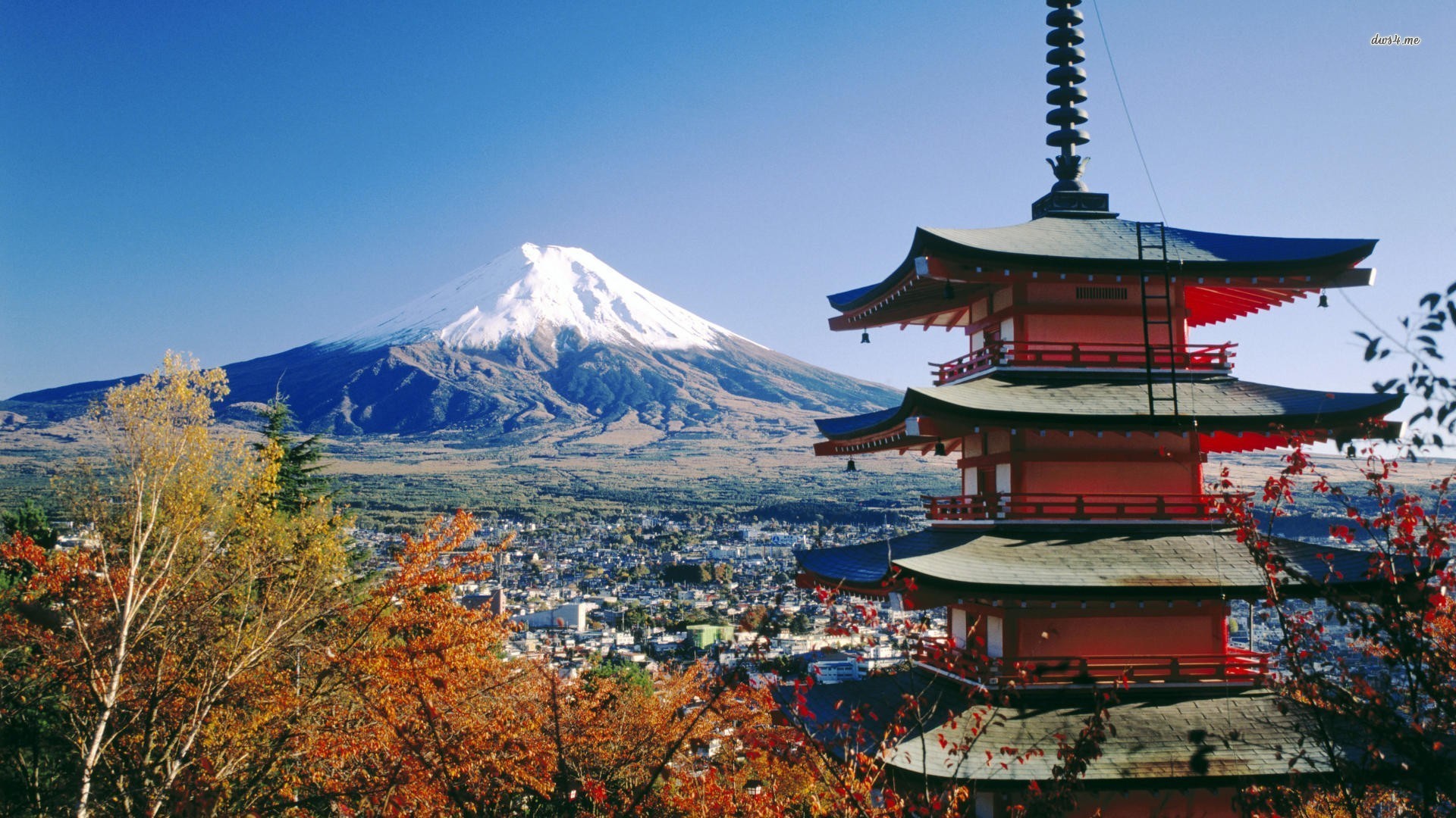 Monte Fuji, Pagoda Chureito, Fujiyoshida, Giappone, Autunno, 16:9 Full HD, sfondo widescreen