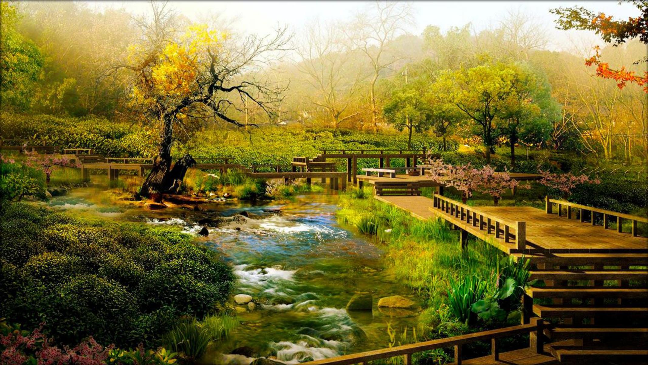 Giardino giapponese, Ponte di legno, Ruscello, Autunno, sfondo per il tuo desktop