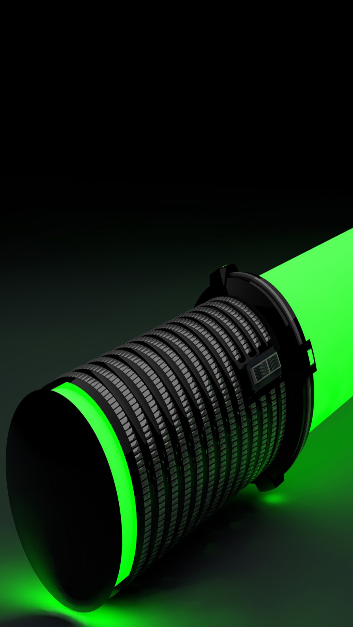 Tubo luminoso, Neon verde, Rendering 3D, Sfondo nero, schermata Home Samsung S25 Edge