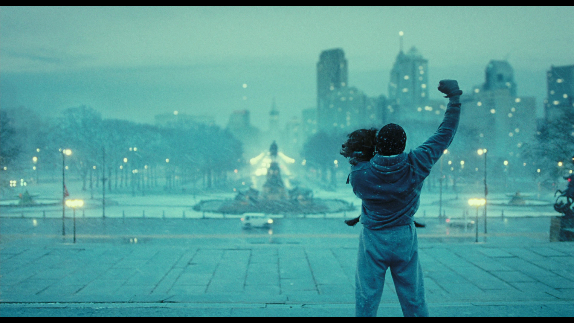 Rocky Balboa, Filadelfia, Pugno alzato, Notte, Azzurro, Full HD, sfondo per PC e portatile