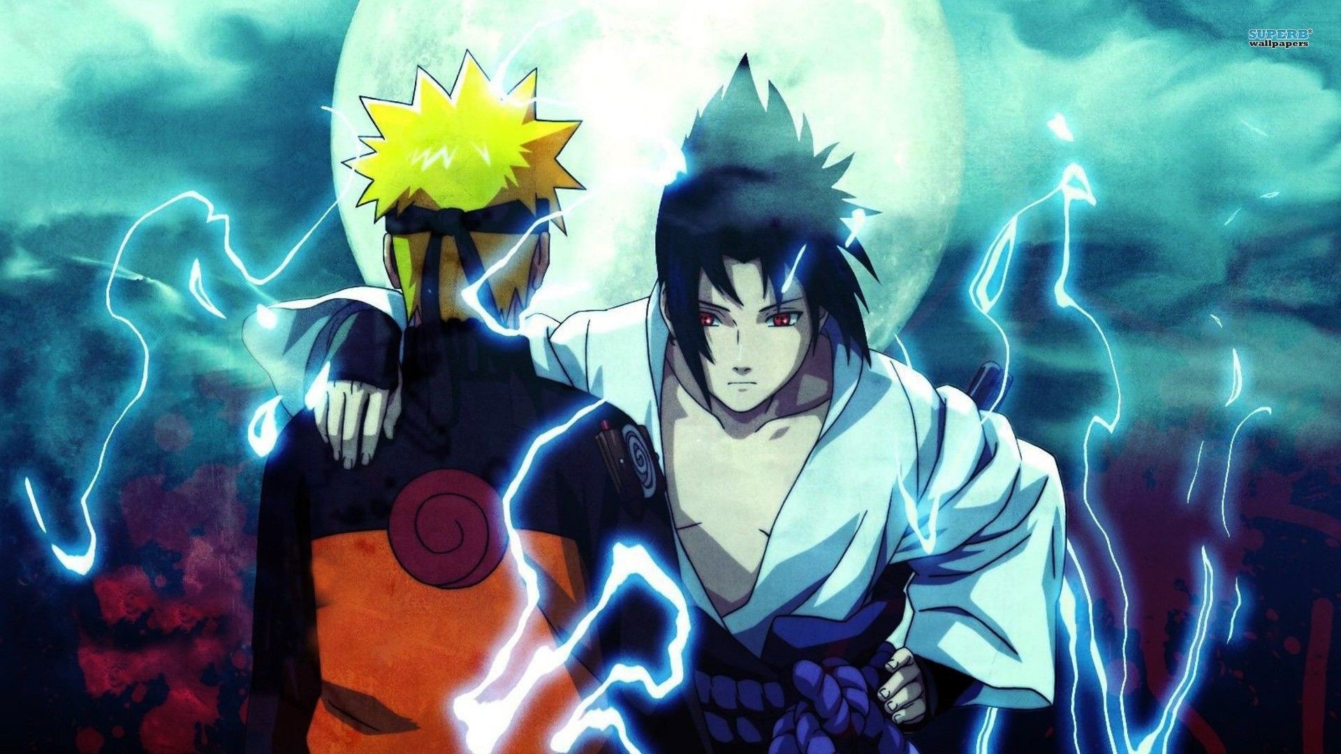 Naruto Uzumaki, Sasuke Uchiha, Fulmini, Luna, 1920x1080, sfondo per PC