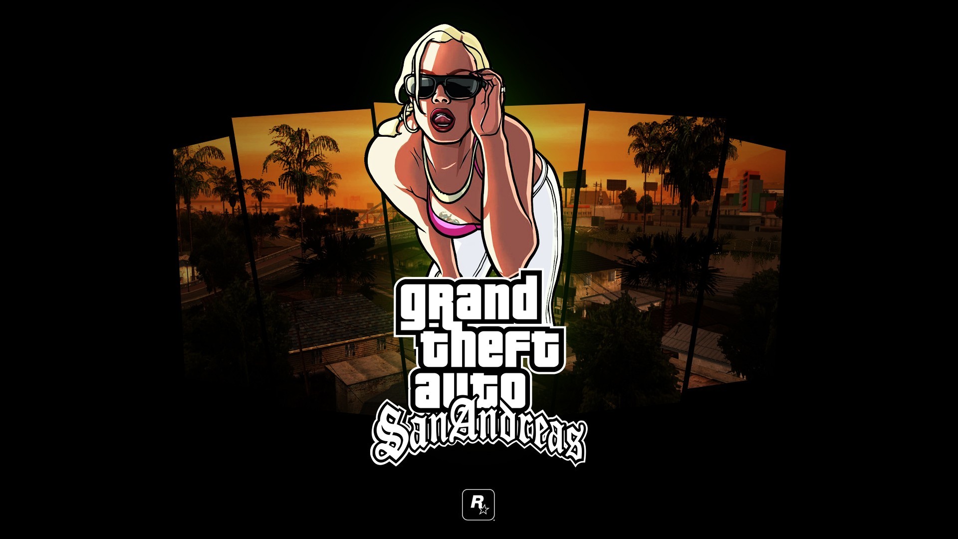 Grand Theft Auto: San Andreas, Logo, Donna, Sfondo nero, 16:9 Full HD, wallpaper widescreen